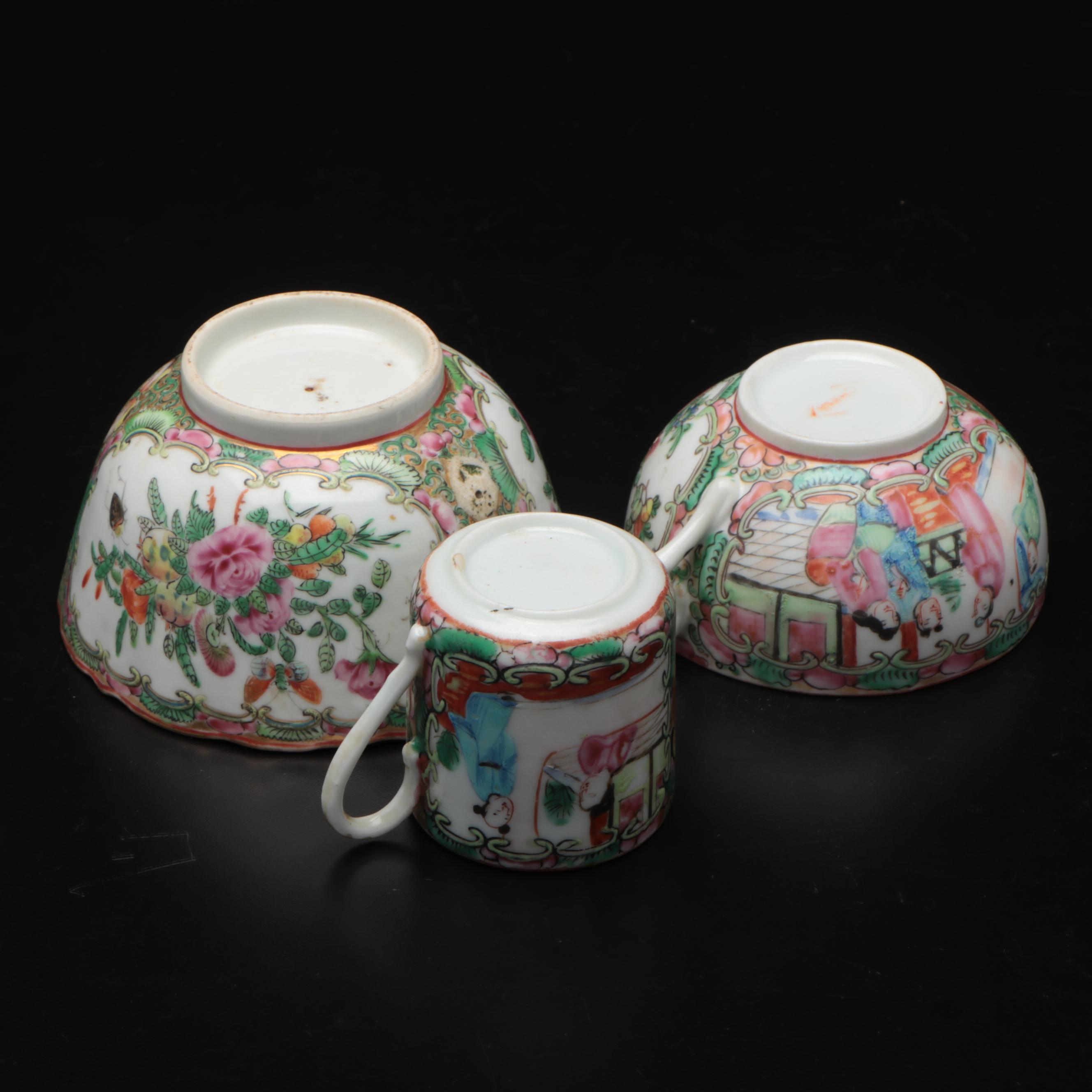 Chinese Rose Medallion Porcelain Tea Caddy, Bowls and Teacups