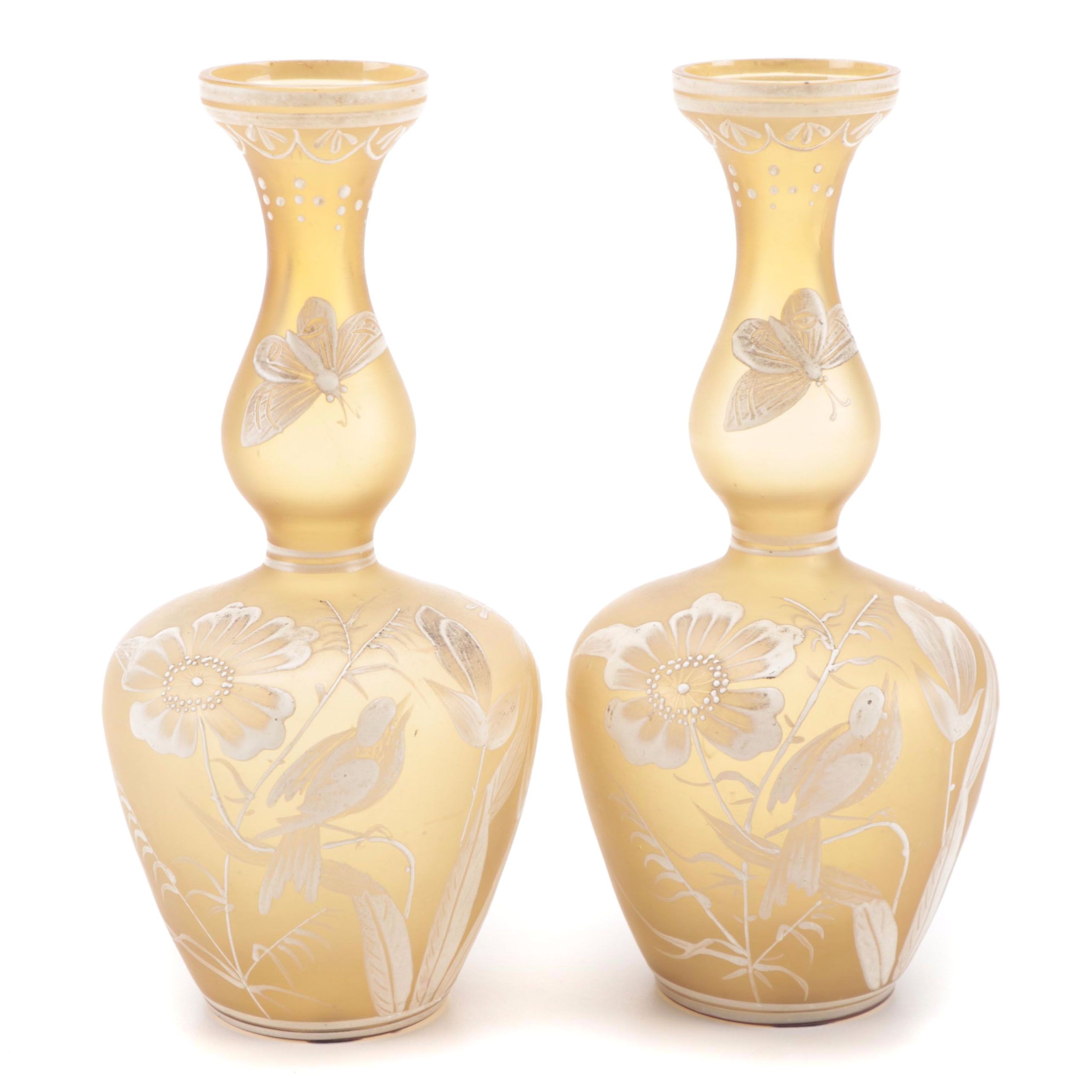 Victorian Enameled Bristol Amber Stain Glass Vases, Mid to Late 19th Century