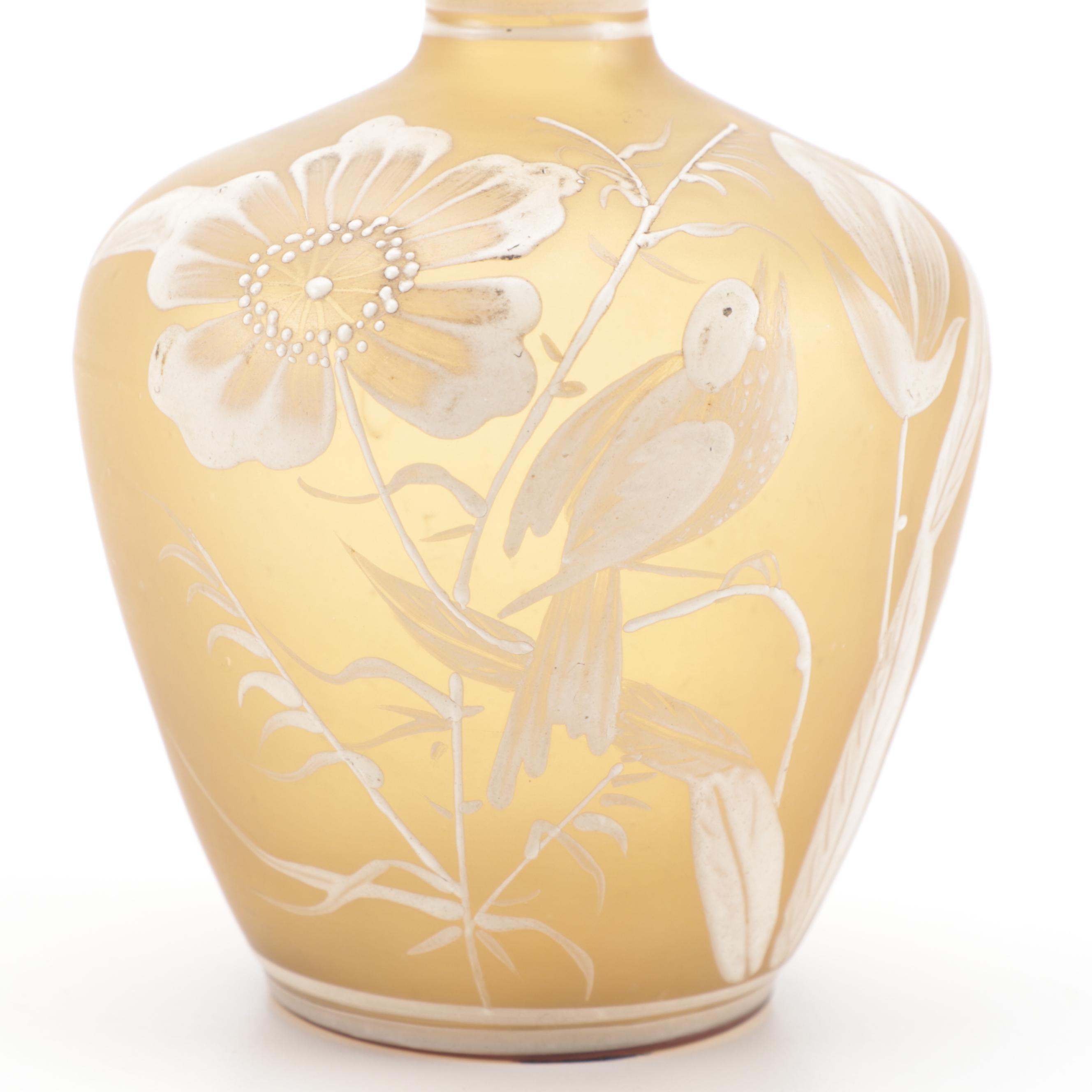 Victorian Enameled Bristol Amber Stain Glass Vases, Mid to Late 19th Century