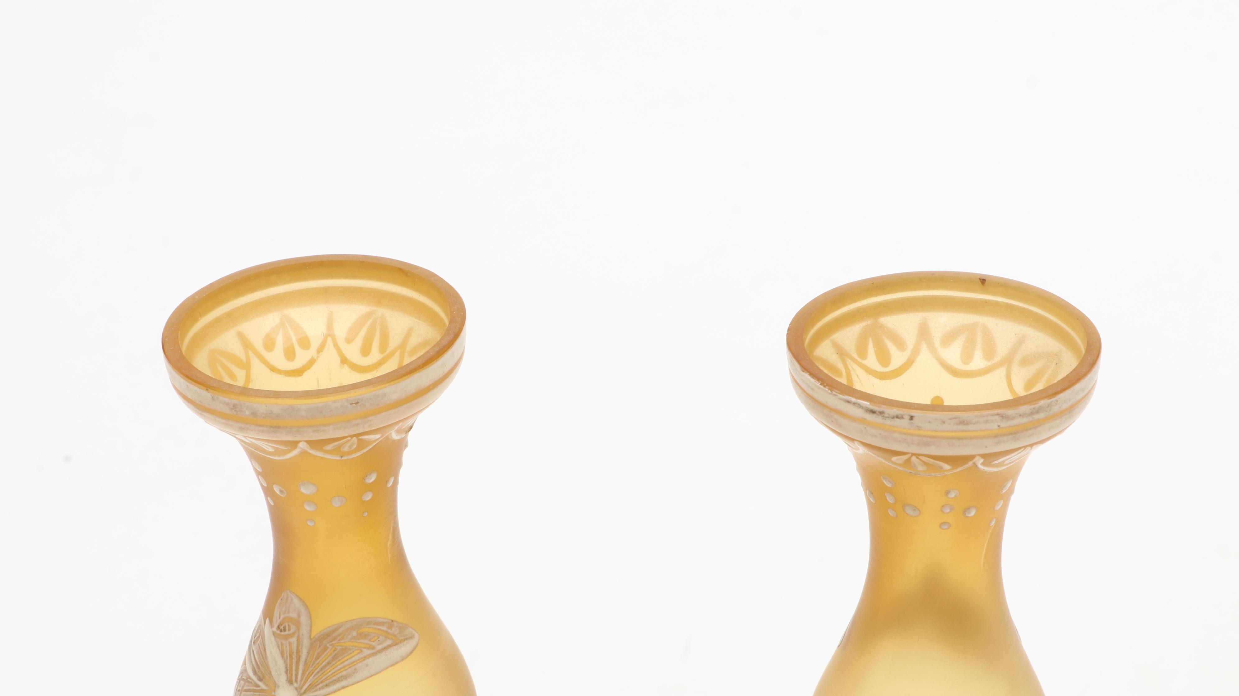 Victorian Enameled Bristol Amber Stain Glass Vases, Mid to Late 19th Century