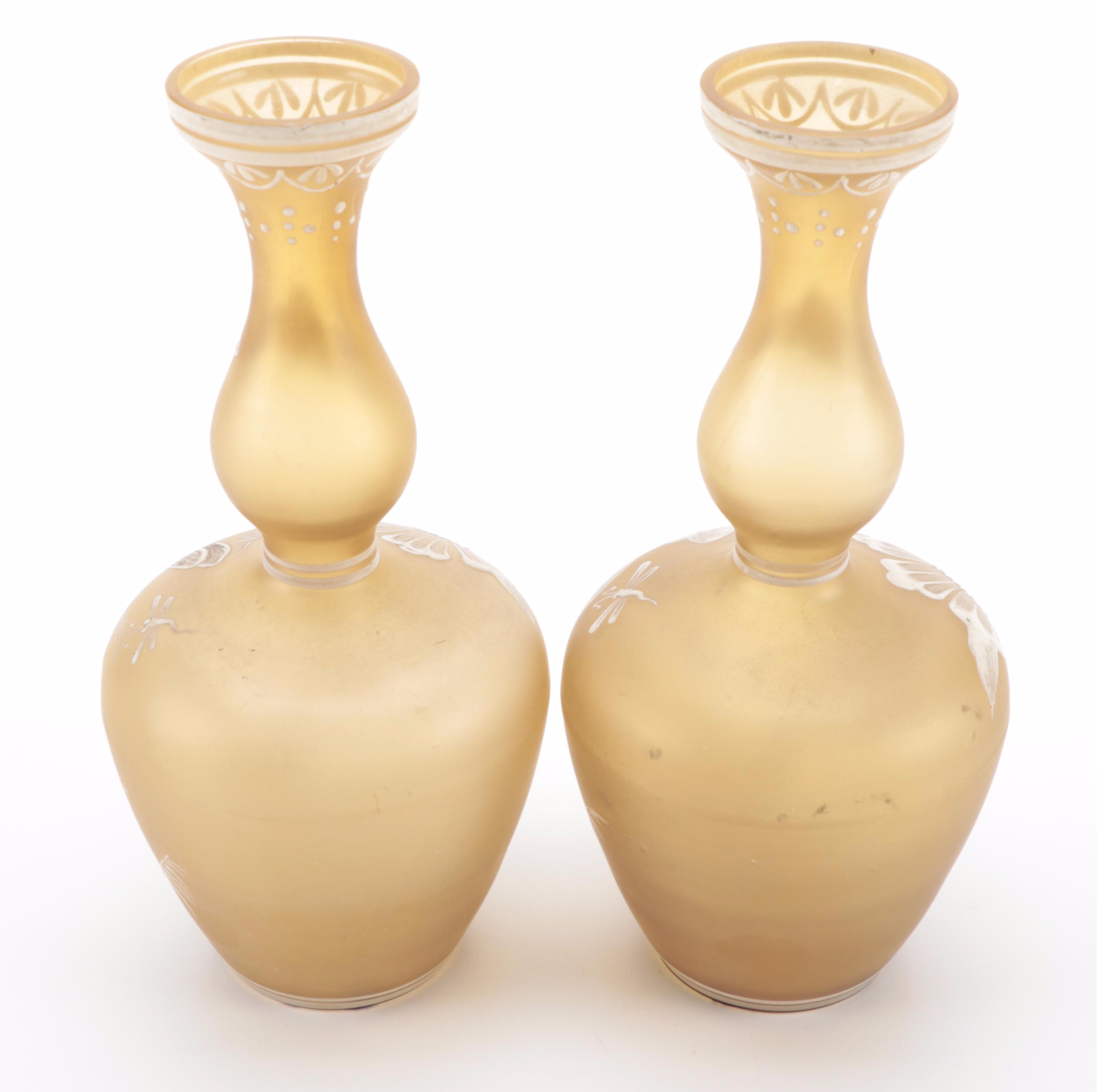 Victorian Enameled Bristol Amber Stain Glass Vases, Mid to Late 19th Century