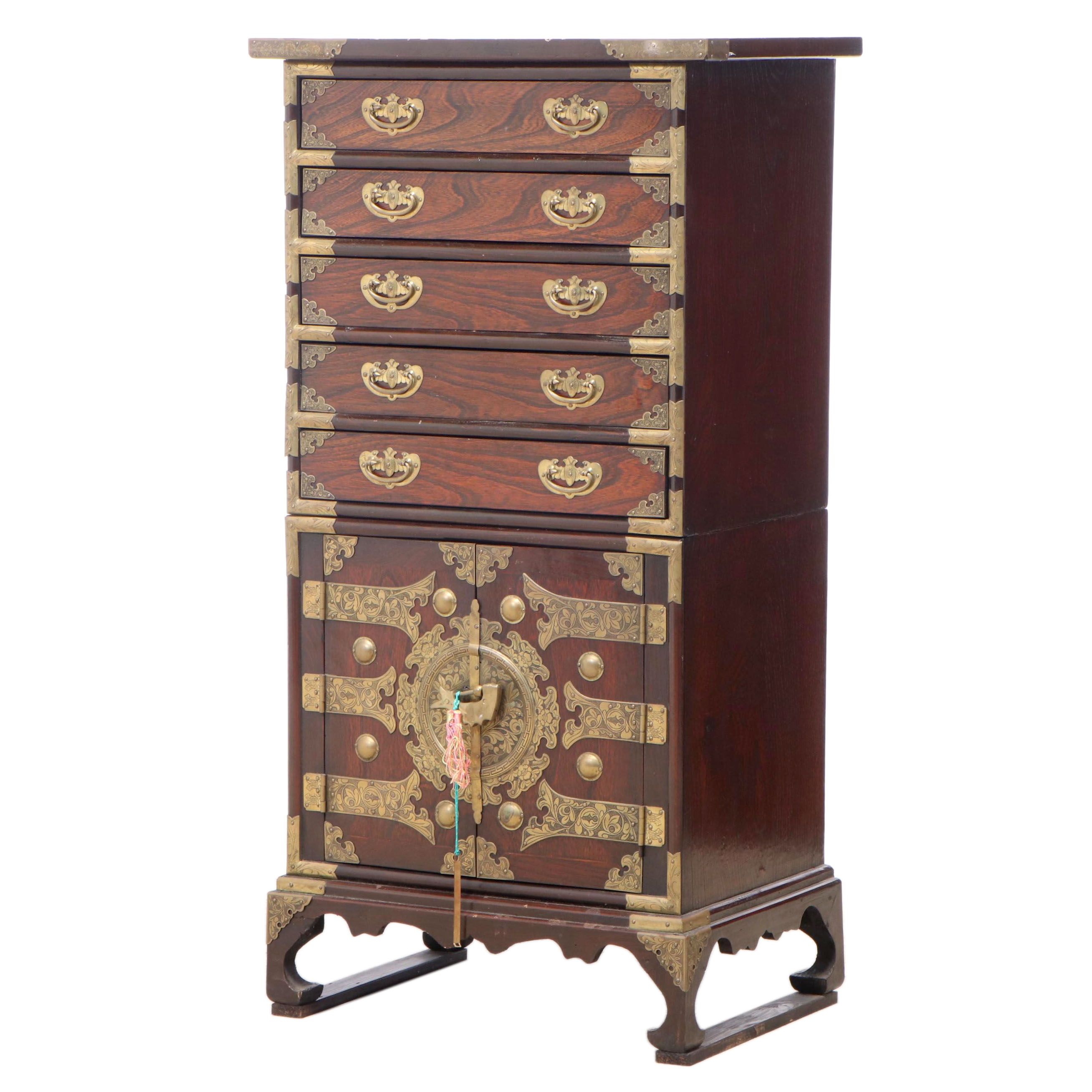 Korean Brass-Mounted Elm Five-Drawer Tansu