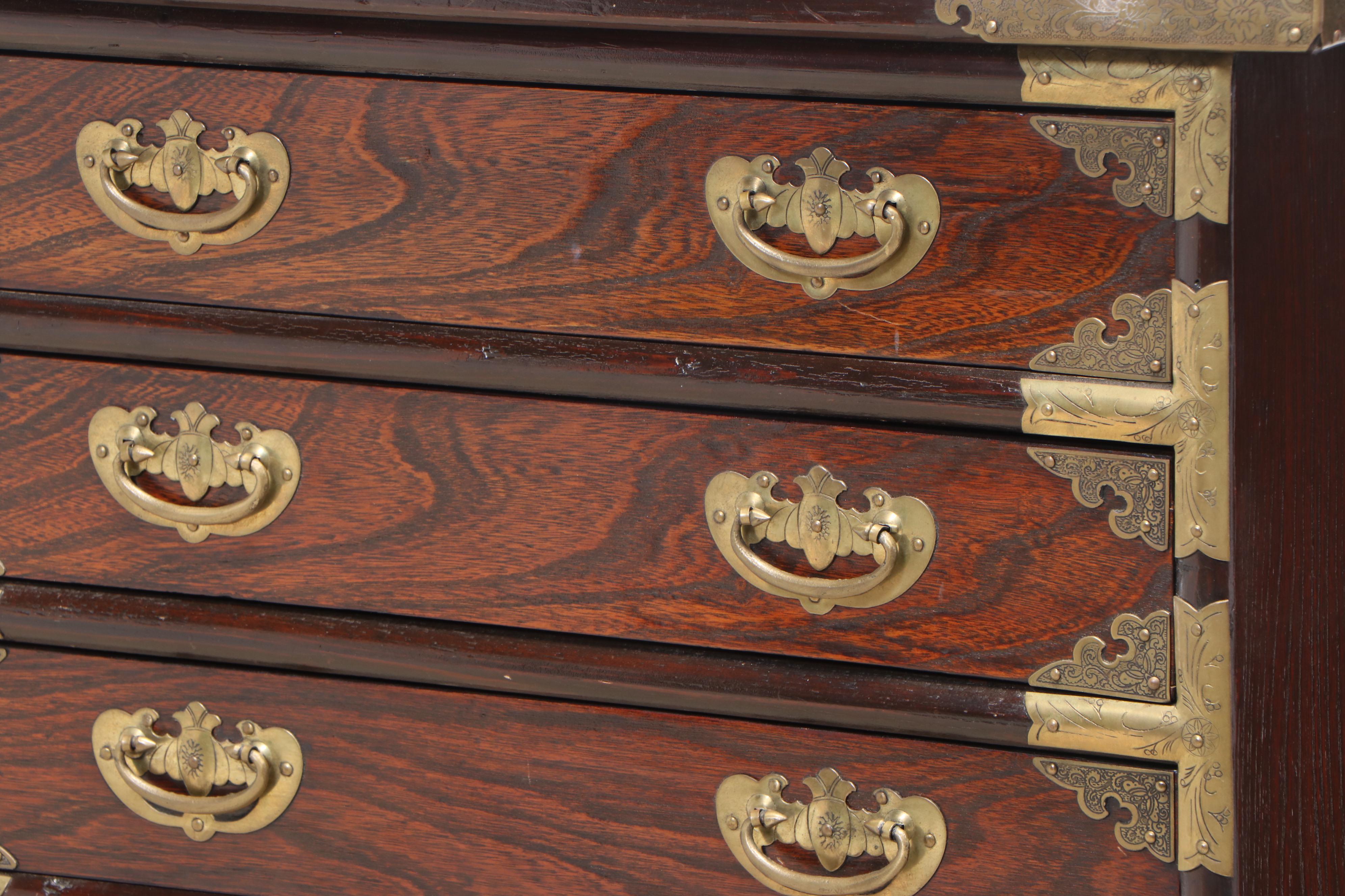 Korean Brass-Mounted Elm Five-Drawer Tansu