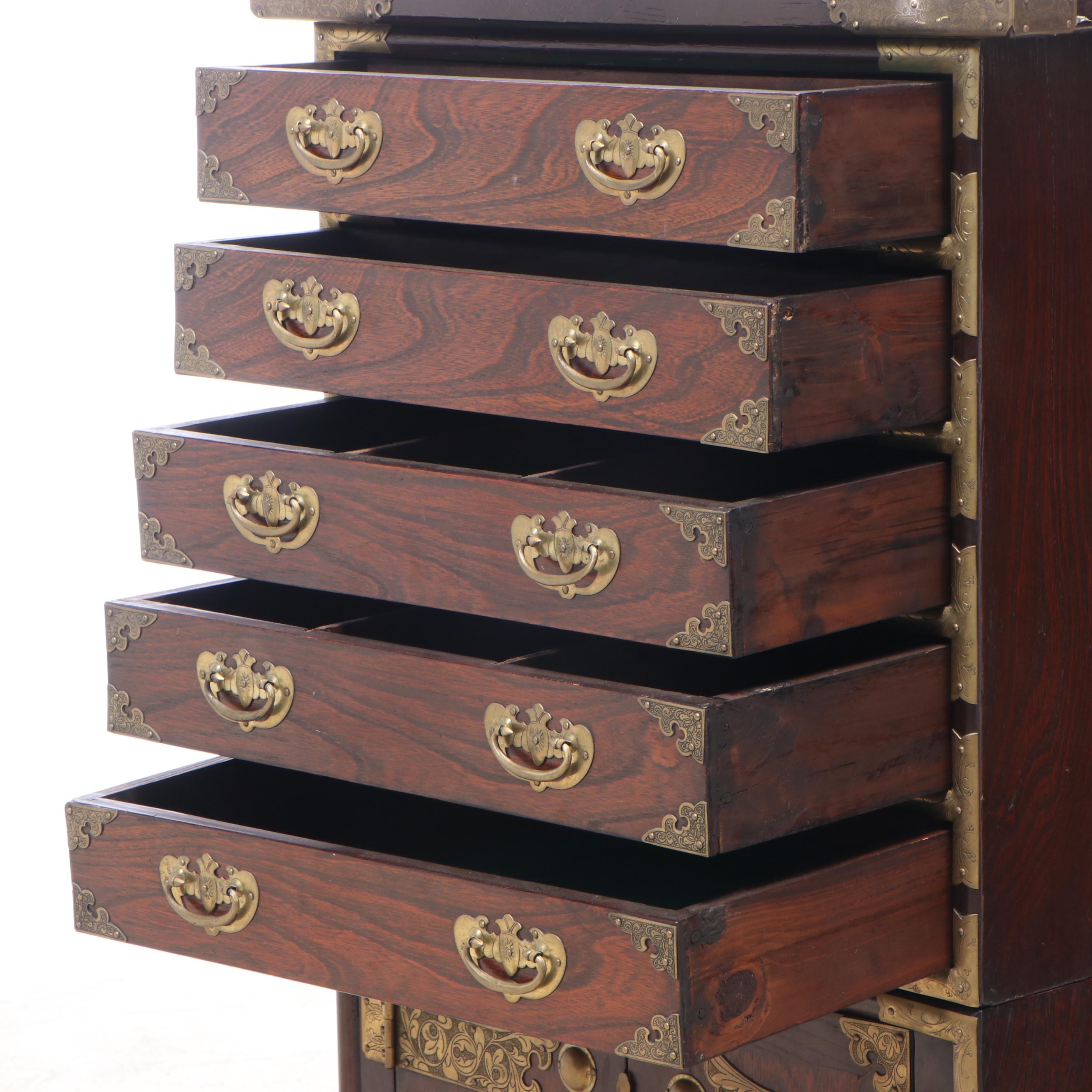 Korean Brass-Mounted Elm Five-Drawer Tansu