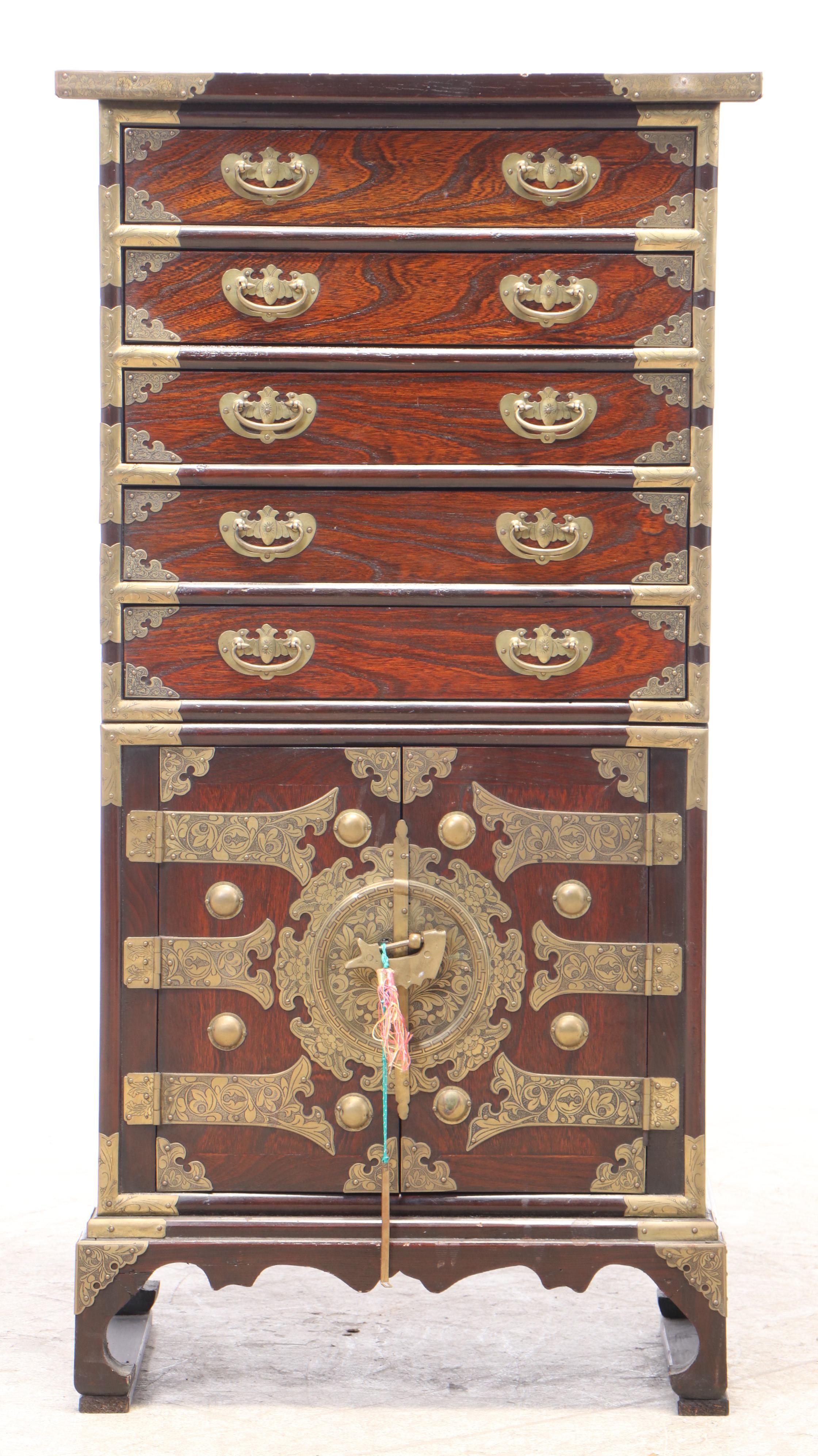 Korean Brass-Mounted Elm Five-Drawer Tansu