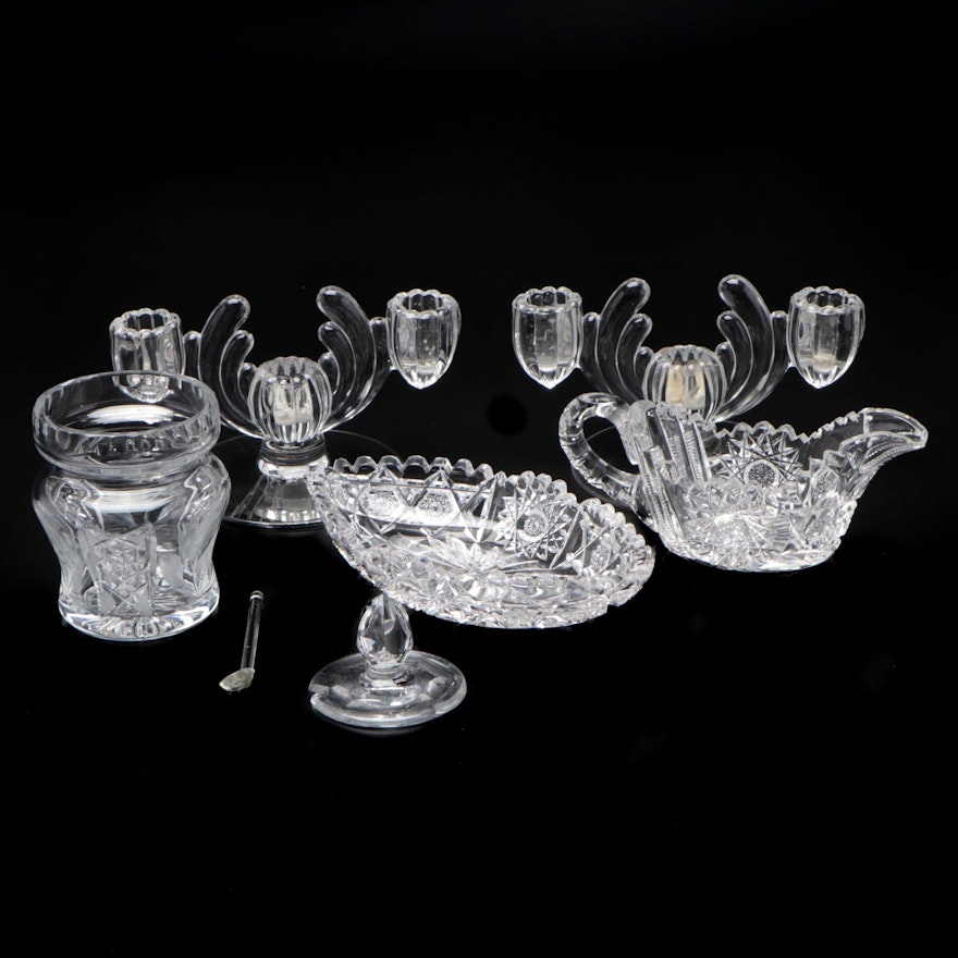 Pressed Glass Three Light Candle Holders and Other Tableware