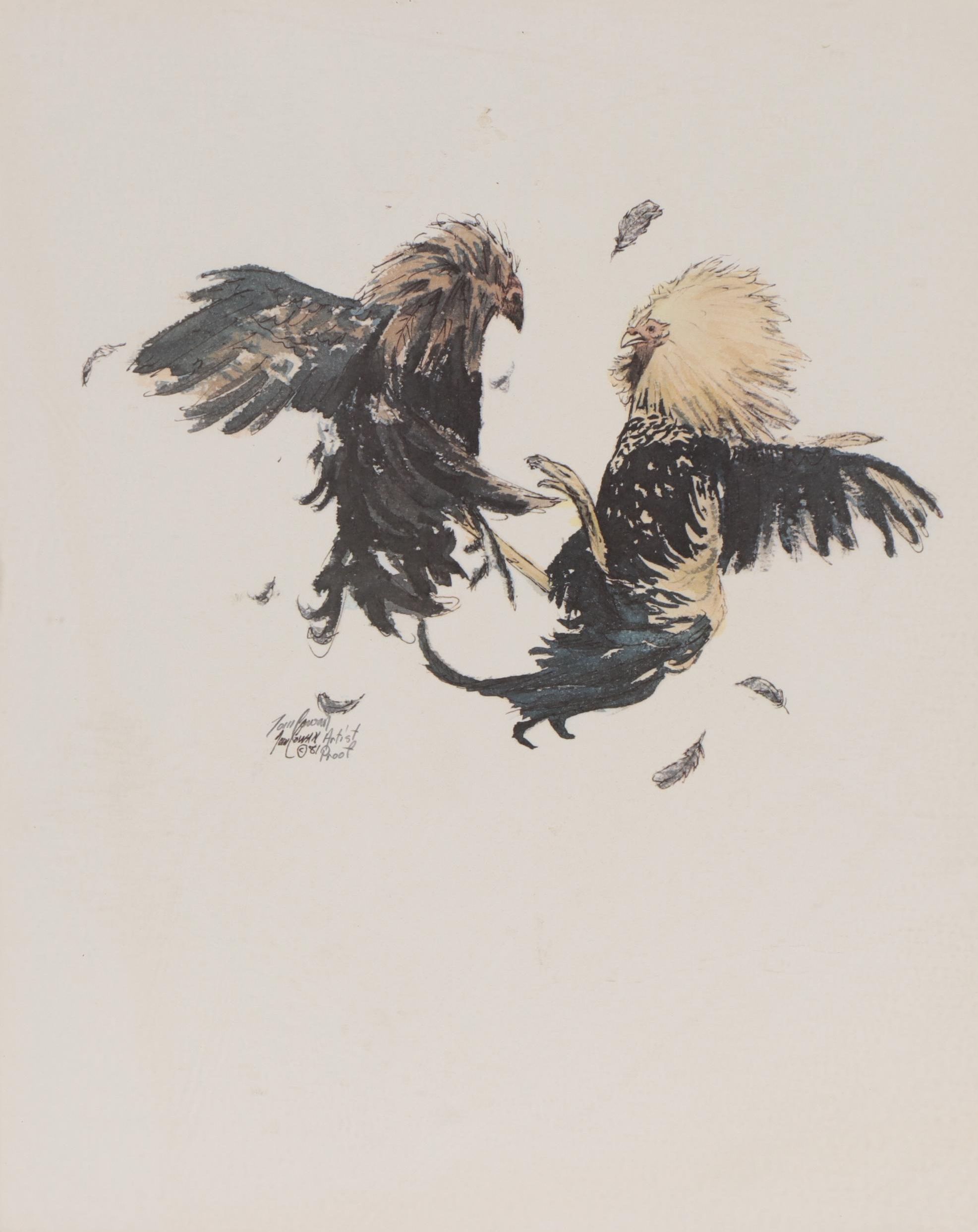 Tom Cowan Offset Lithograph of Cock Fight, Circa 1981