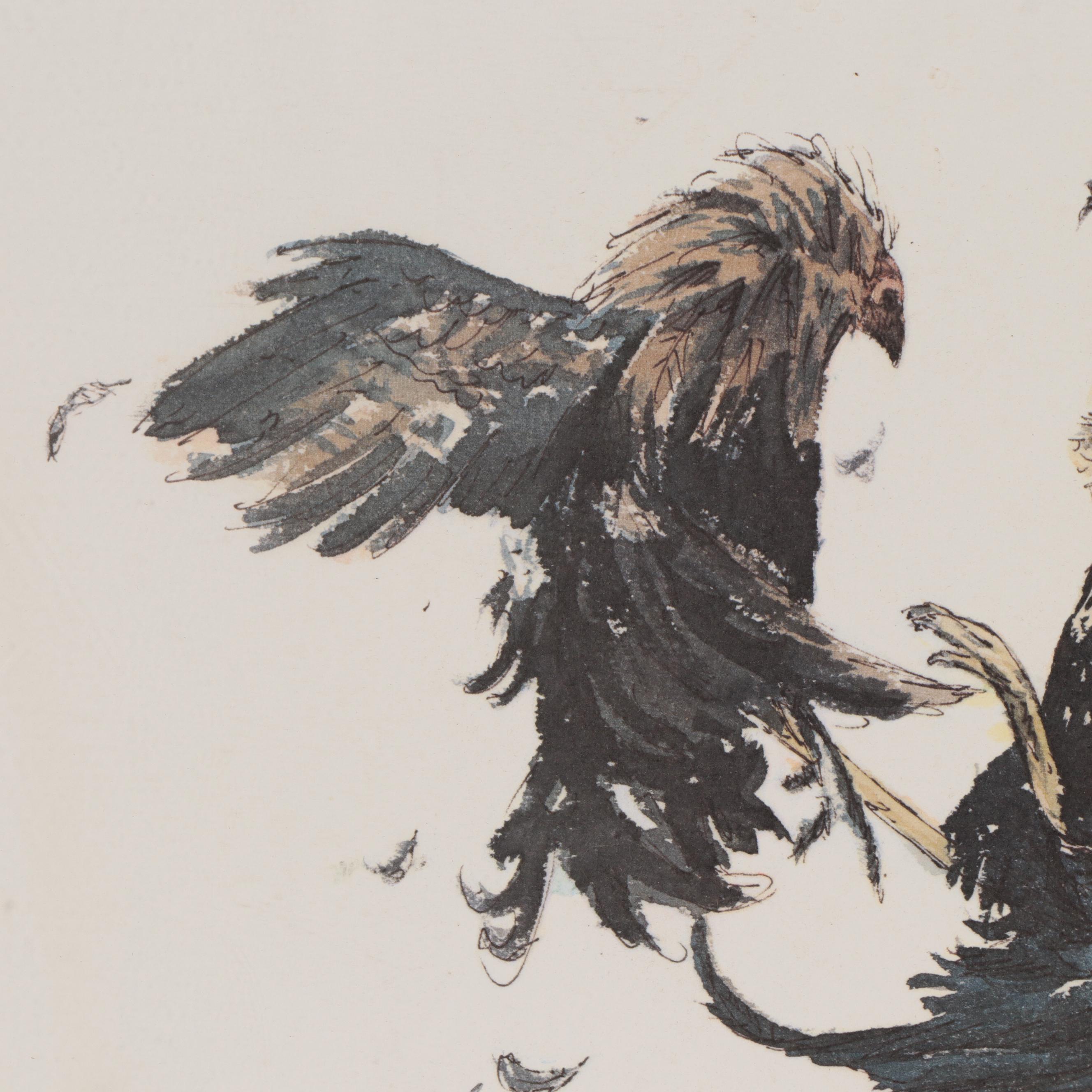 Tom Cowan Offset Lithograph of Cock Fight, Circa 1981