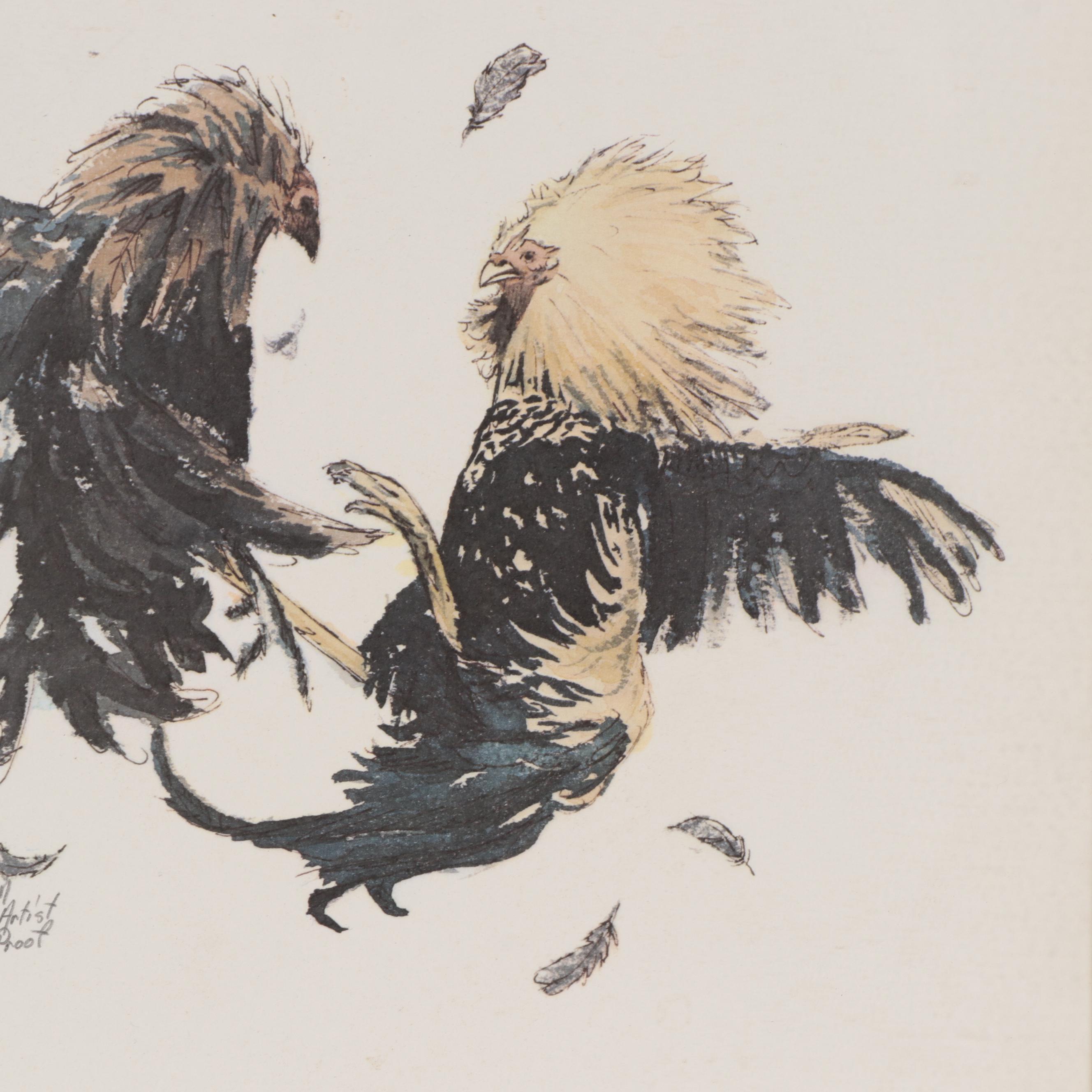 Tom Cowan Offset Lithograph of Cock Fight, Circa 1981