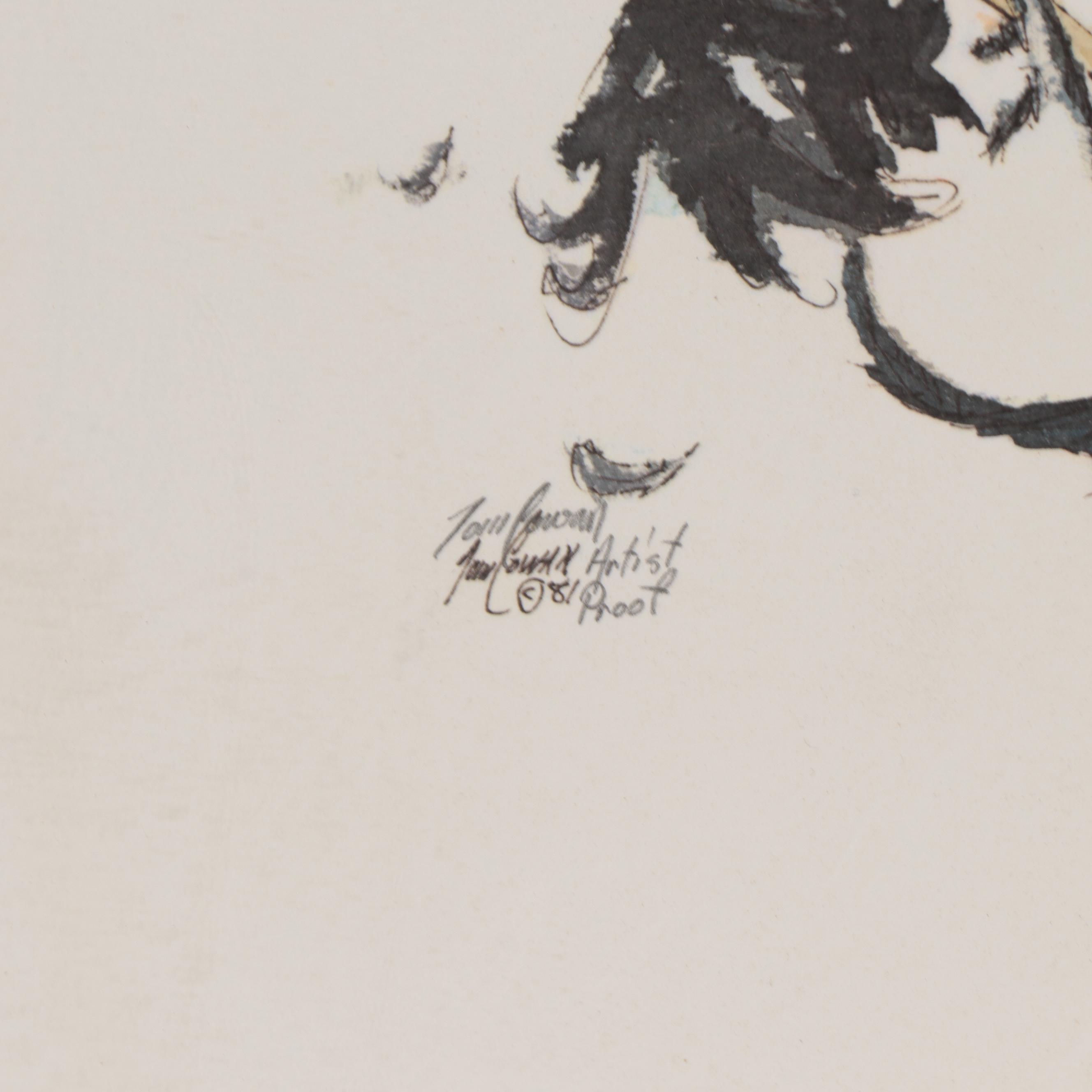 Tom Cowan Offset Lithograph of Cock Fight, Circa 1981