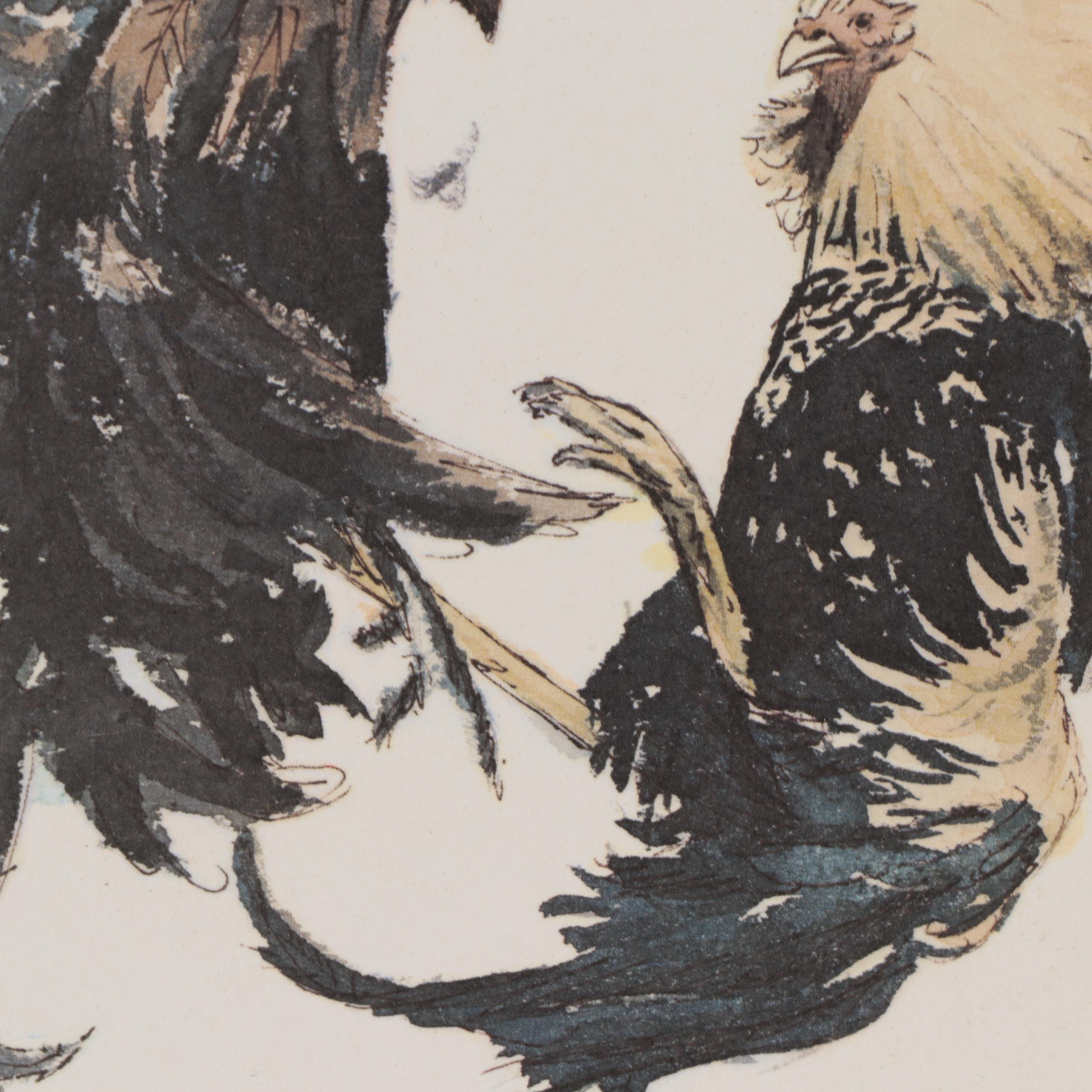 Tom Cowan Offset Lithograph of Cock Fight, Circa 1981