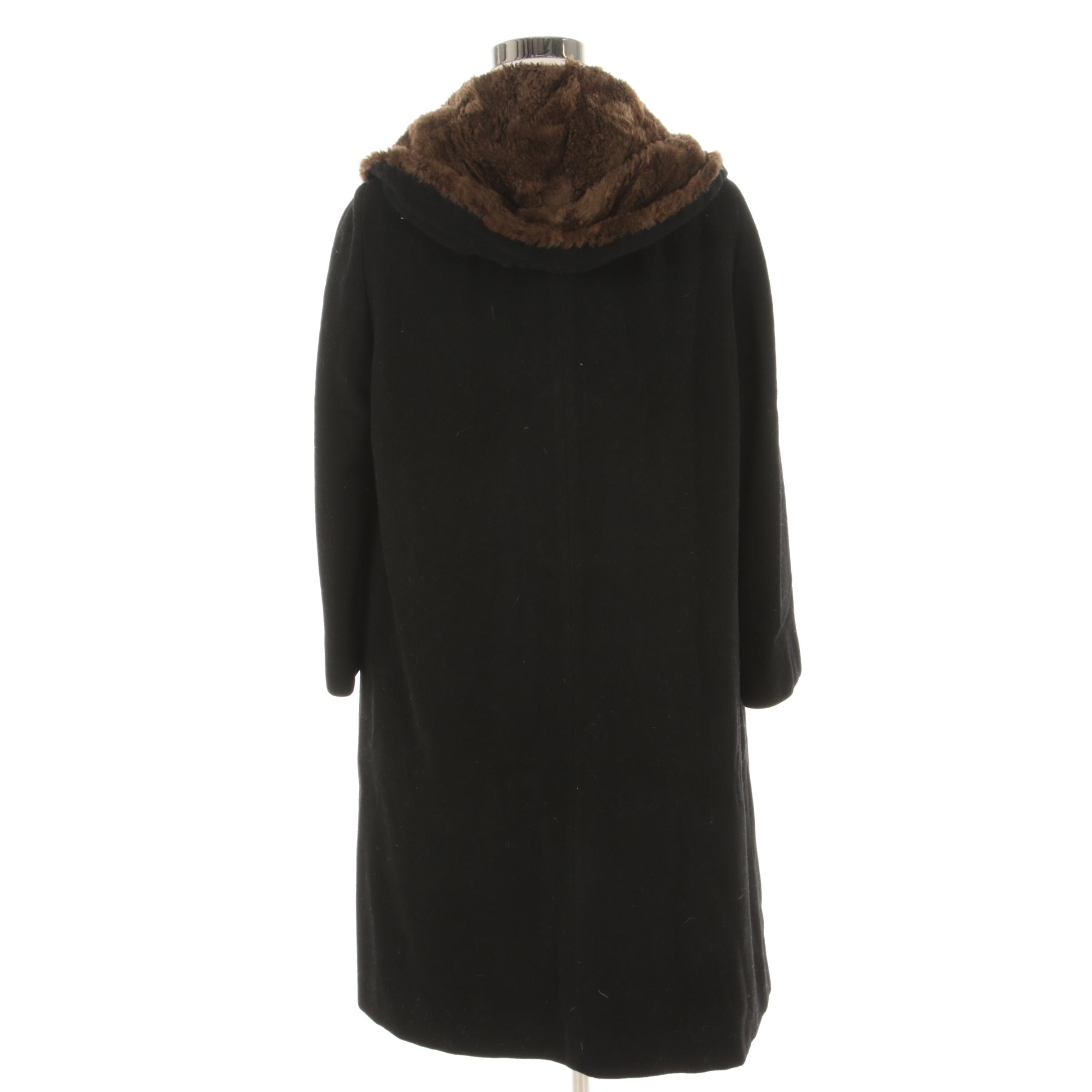 Beaver Fur Lined Wool Hooded Coat, 1960s