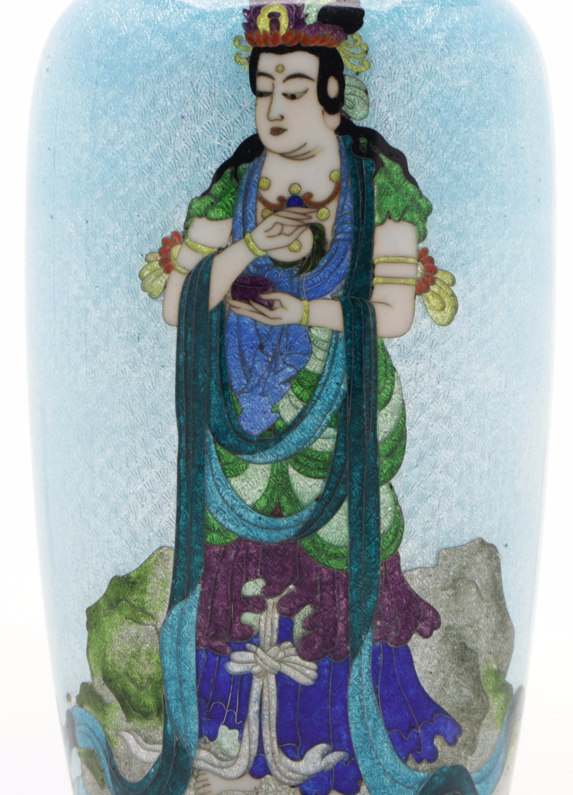 Japanese Ginbari Foil Cloisonné Vase of Kannon Goddess of Mercy