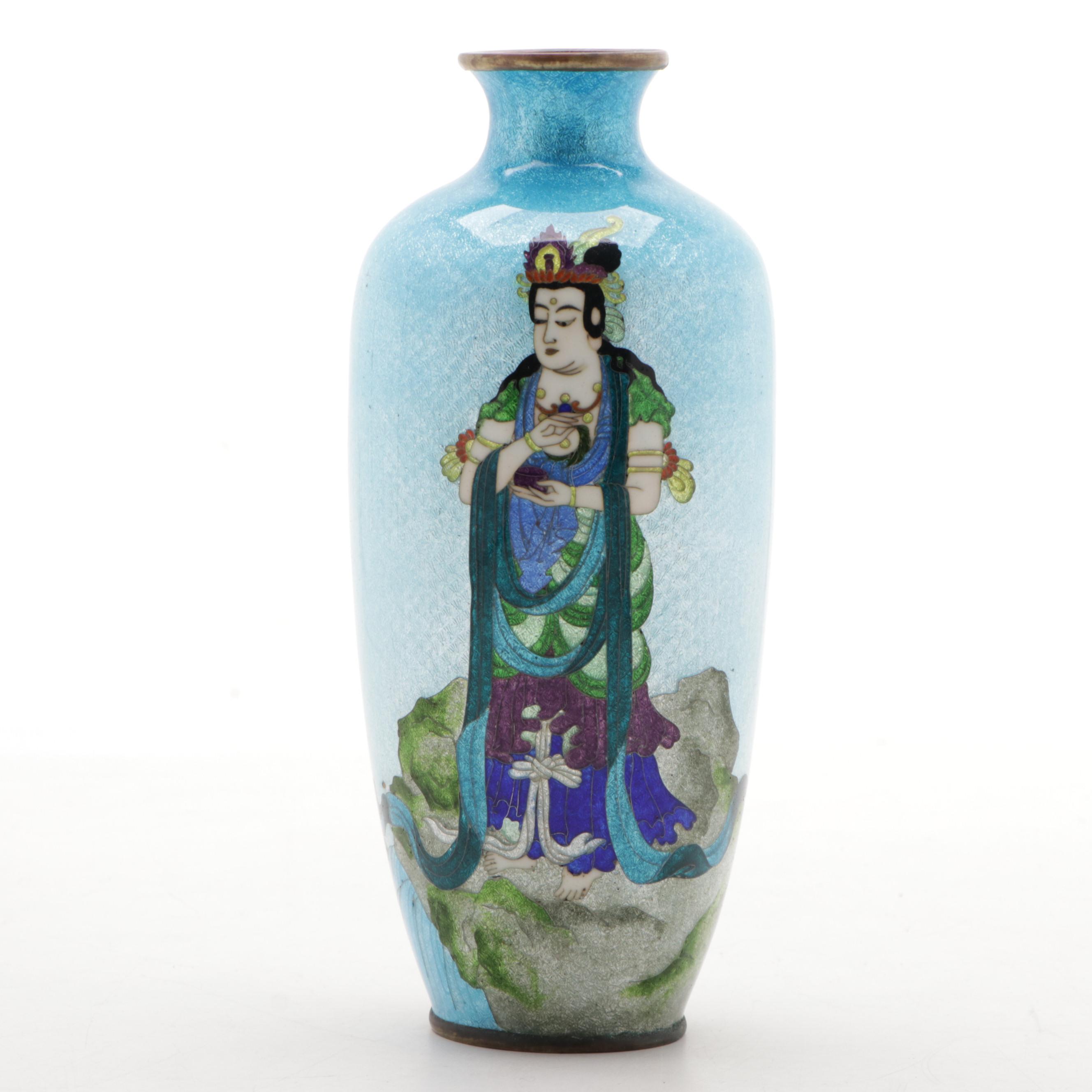 Japanese Ginbari Foil Cloisonné Vase of Kannon Goddess of Mercy