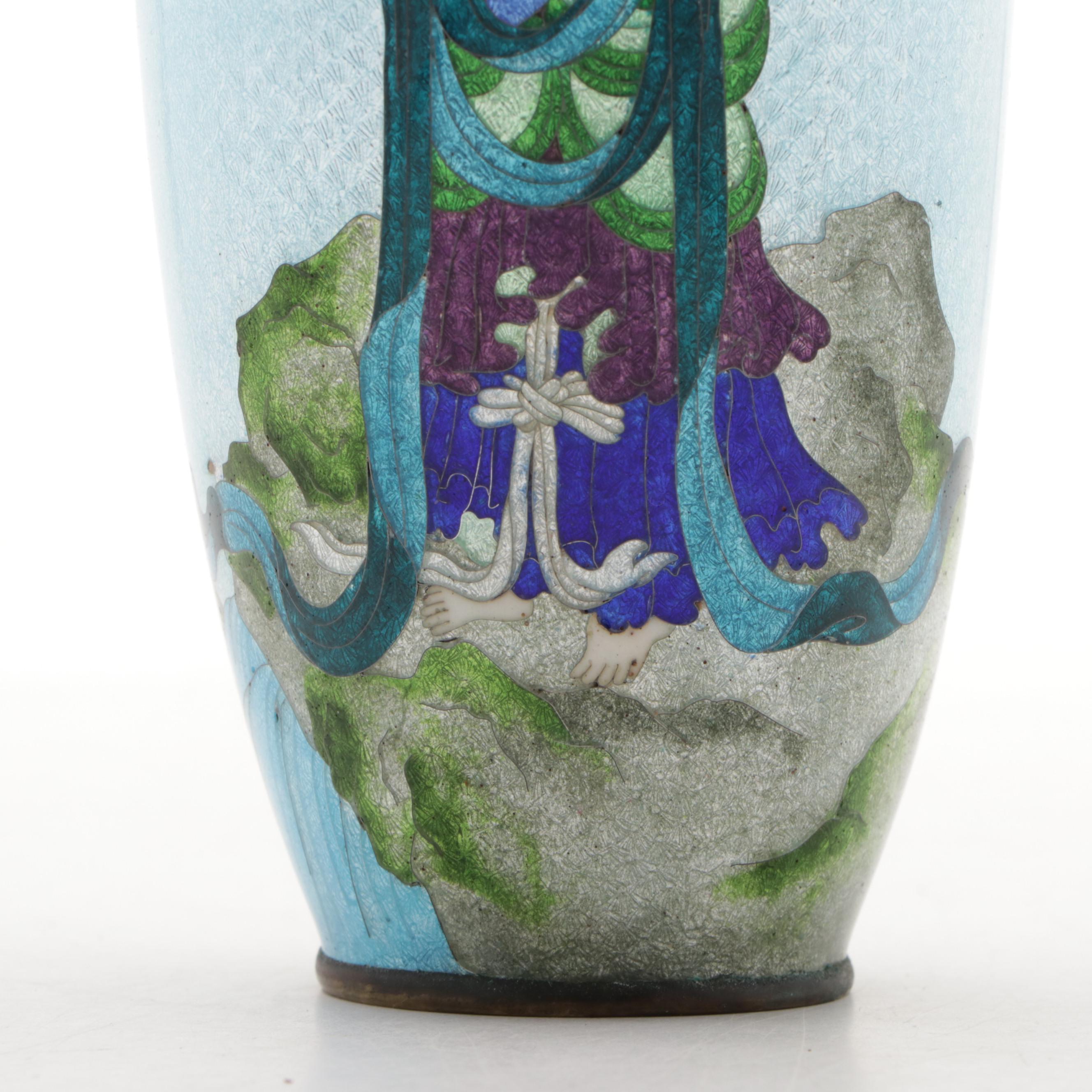 Japanese Ginbari Foil Cloisonné Vase of Kannon Goddess of Mercy