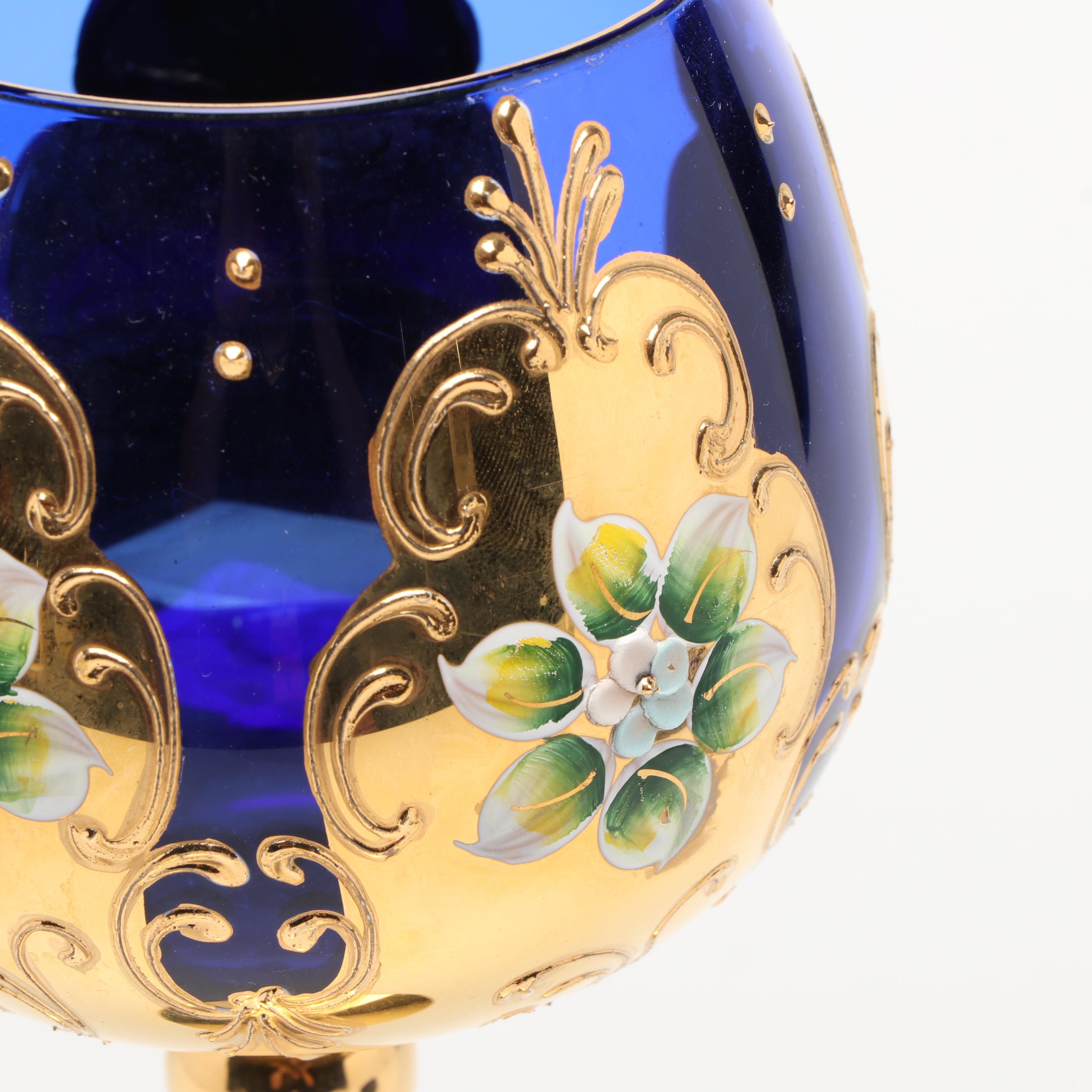 Venetian Style Enameled Cobalt Blue and Gold Cordial Glasses