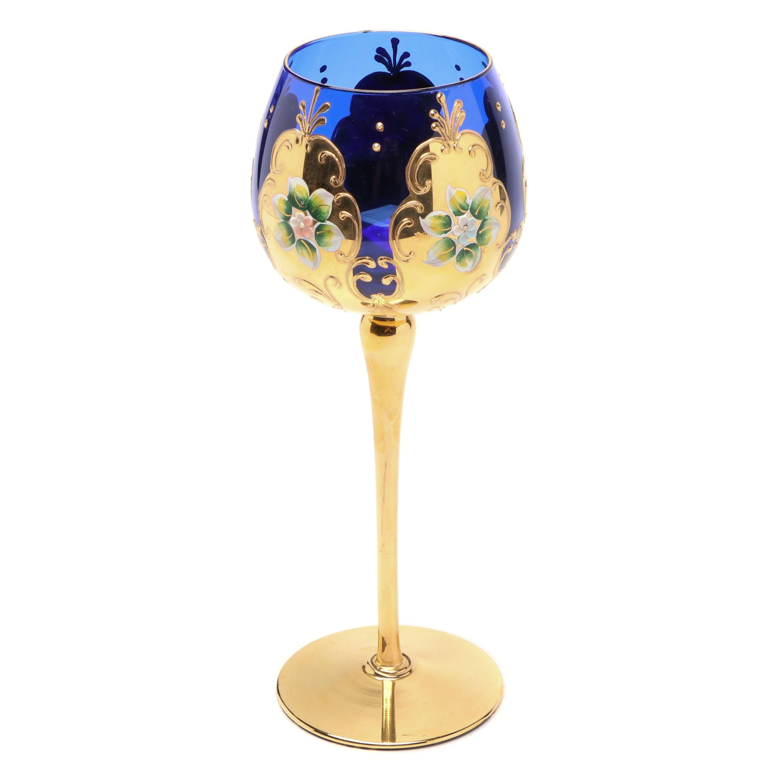 Venetian Style Enameled Cobalt Blue and Gold Cordial Glasses
