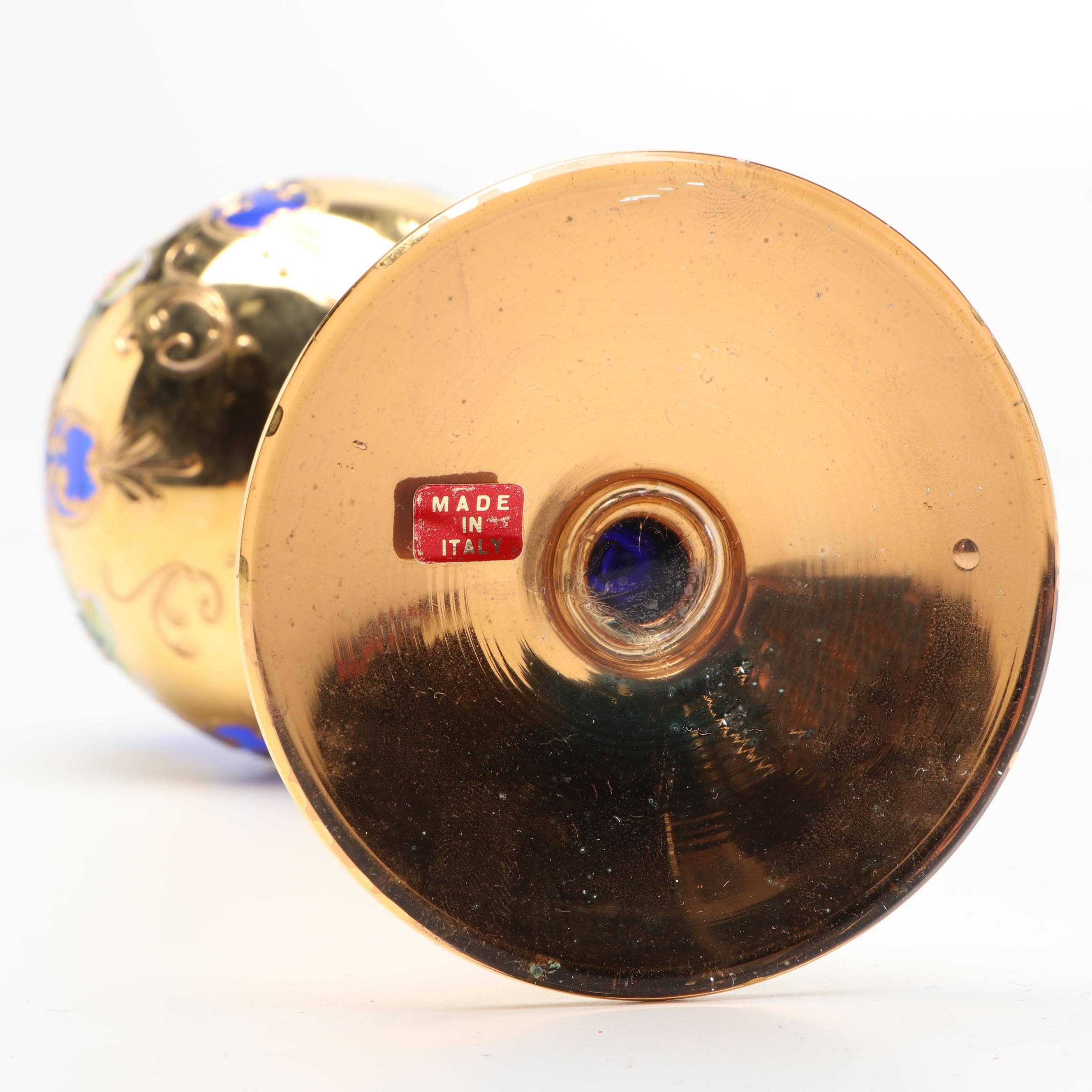 Venetian Style Enameled Cobalt Blue and Gold Cordial Glasses