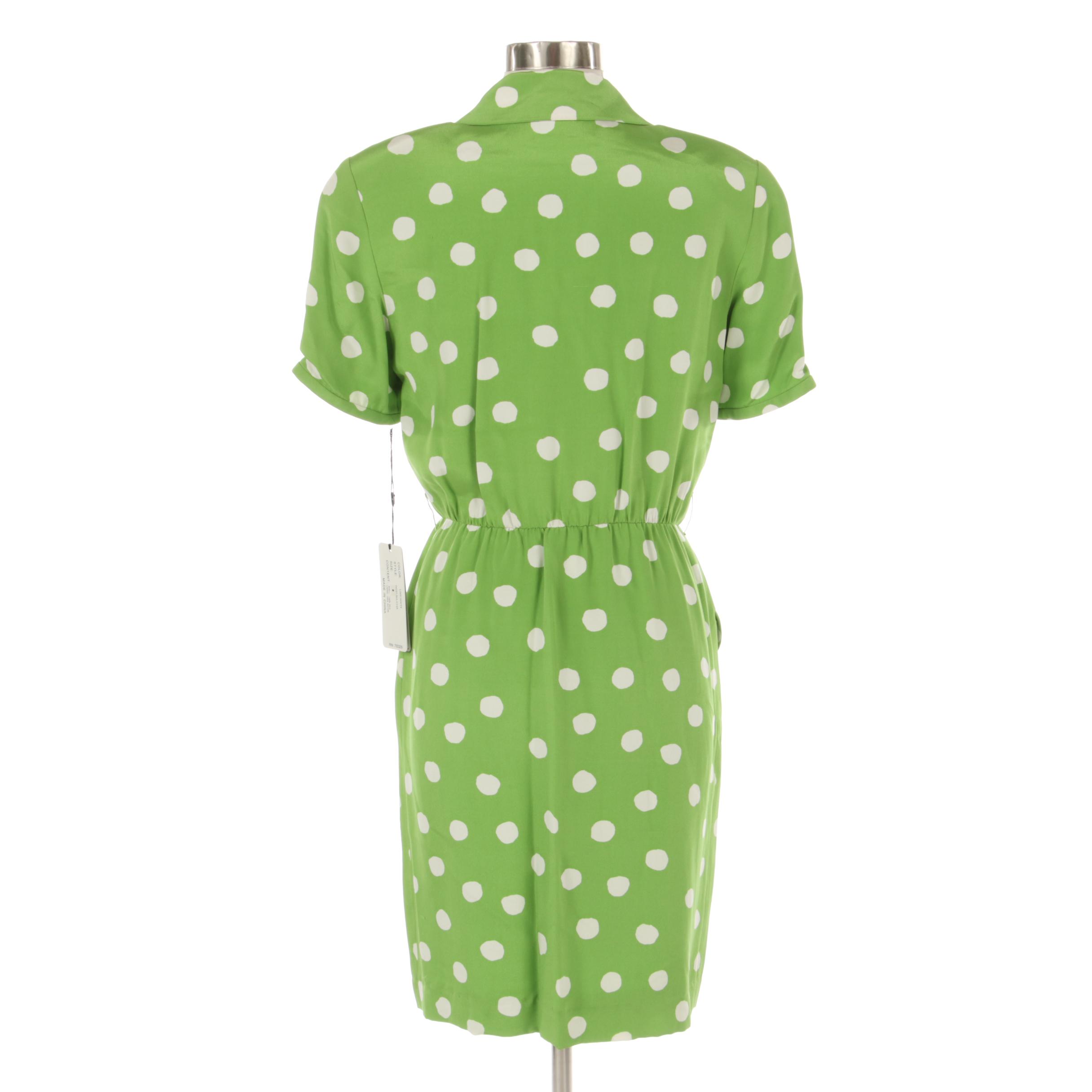 Bill Blass Shirt Dress in Green and White Polka Dot Print, Deadstock with Tags