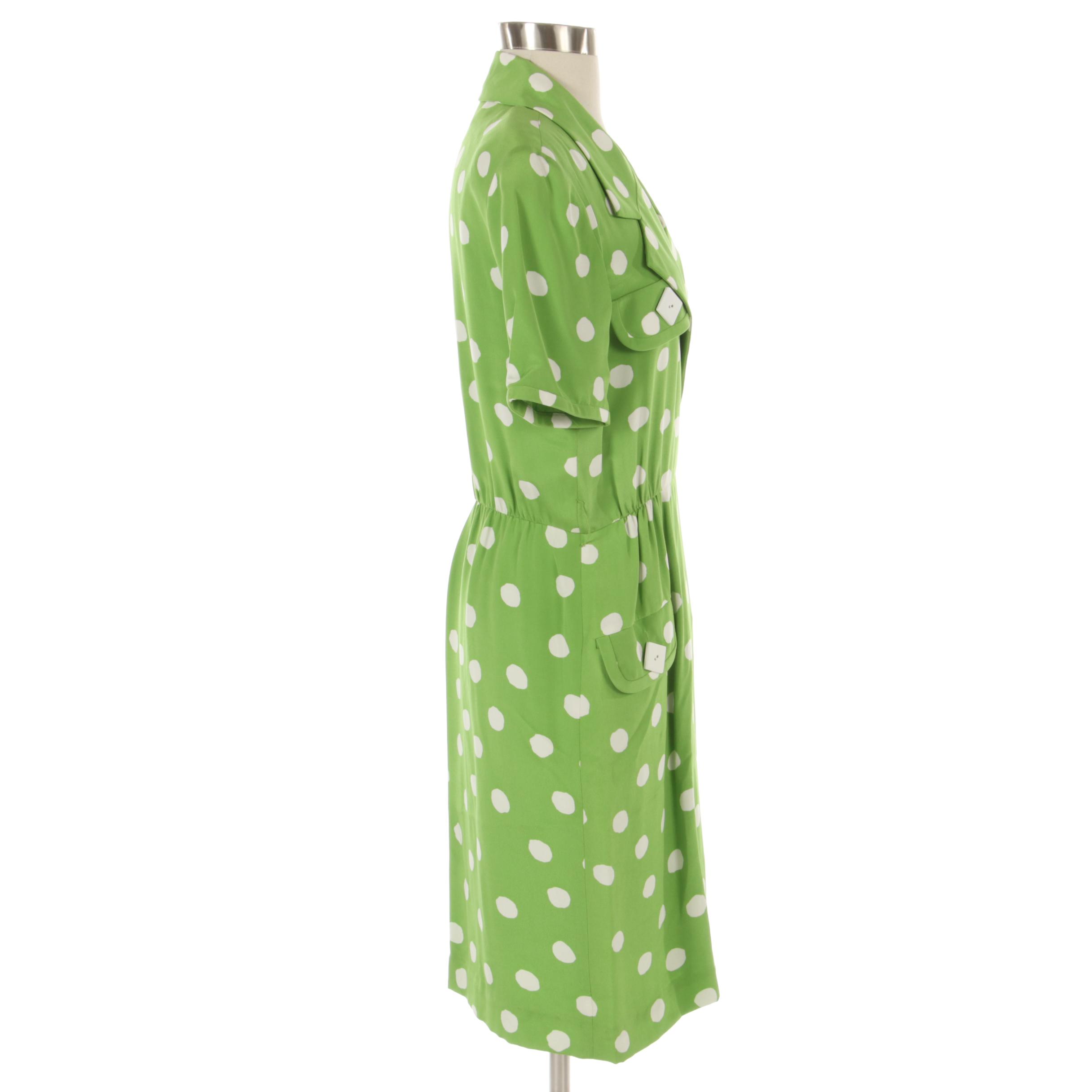 Bill Blass Shirt Dress in Green and White Polka Dot Print, Deadstock with Tags
