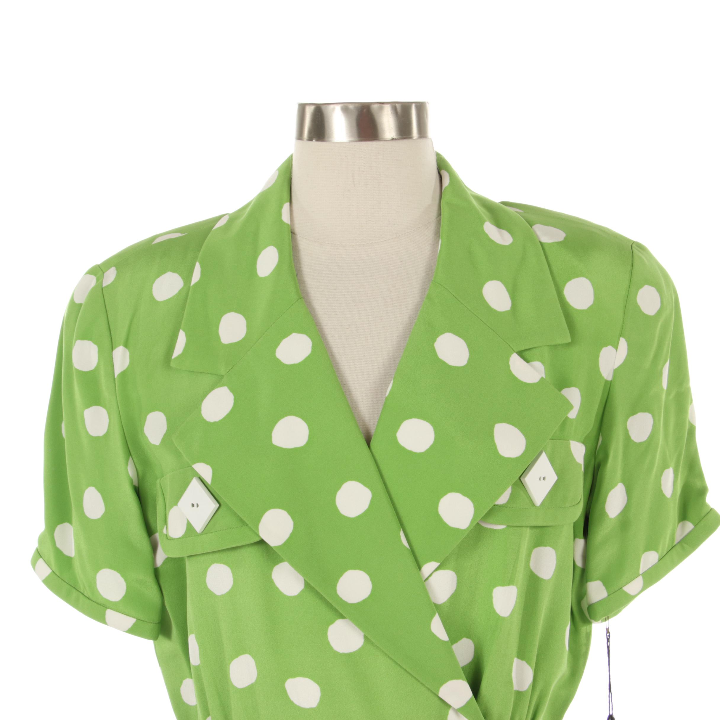 Bill Blass Shirt Dress in Green and White Polka Dot Print, Deadstock with Tags