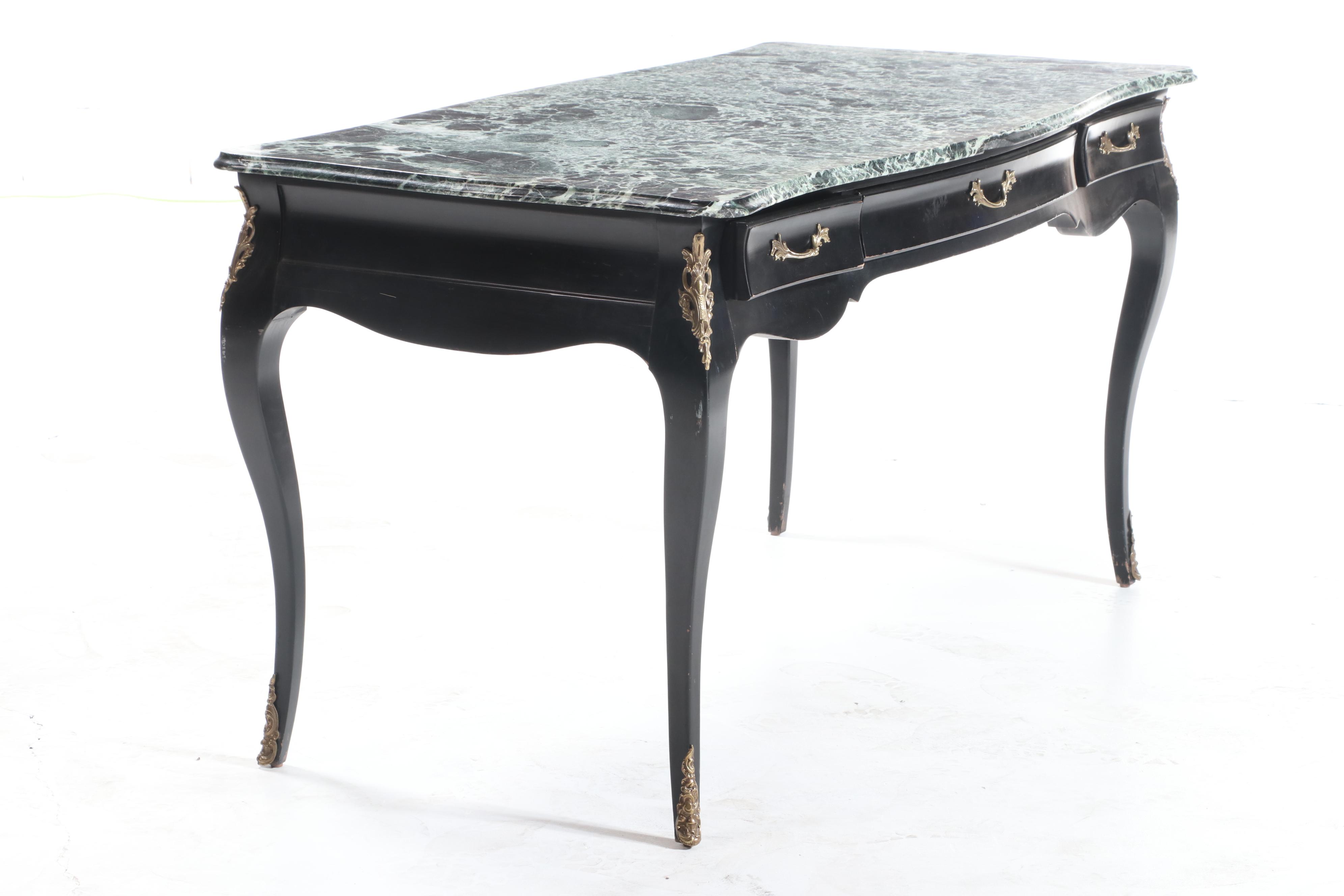 Gilt-Metal Mounted, Ebonized Wood and Green Marble Top Bureau Plat