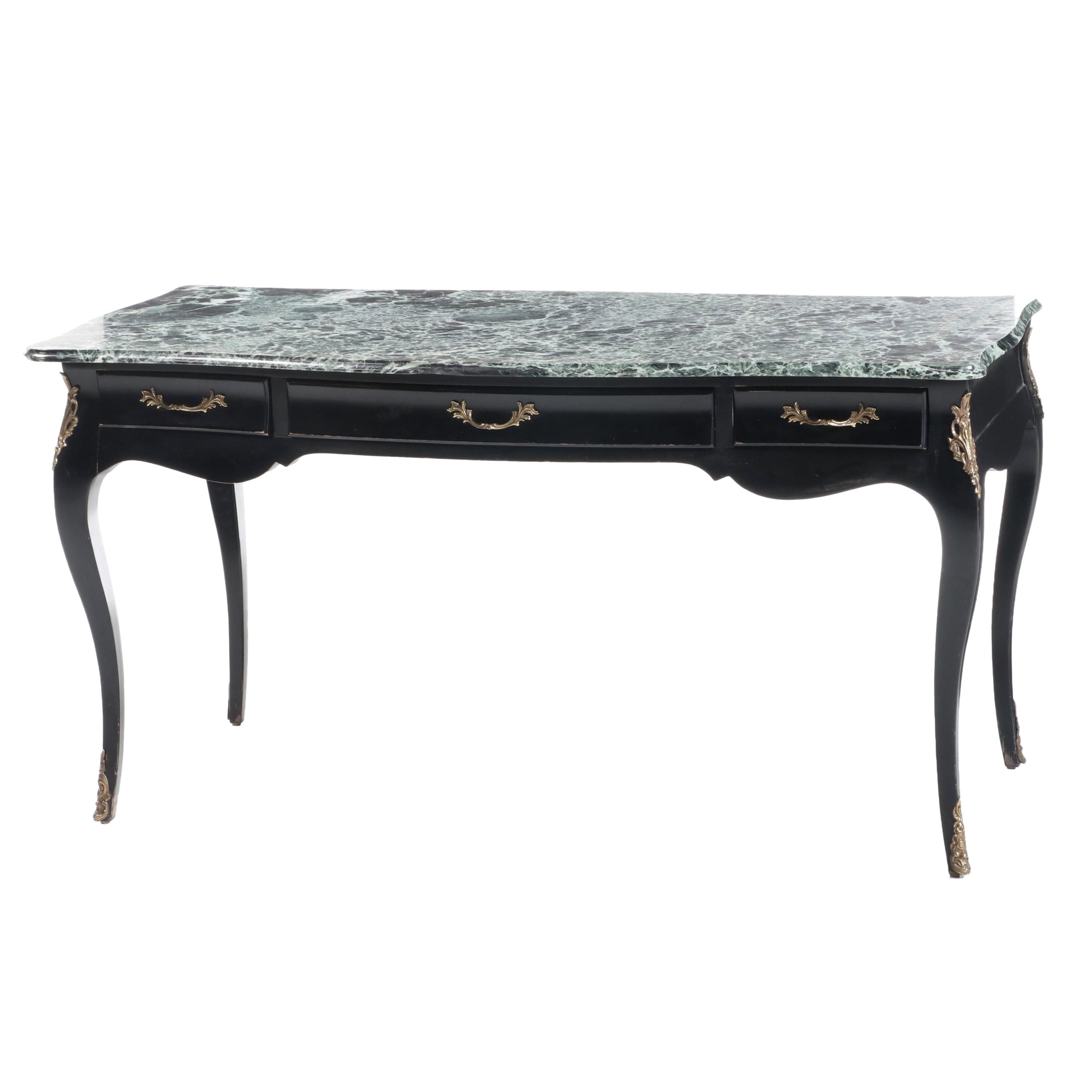 Gilt-Metal Mounted, Ebonized Wood and Green Marble Top Bureau Plat