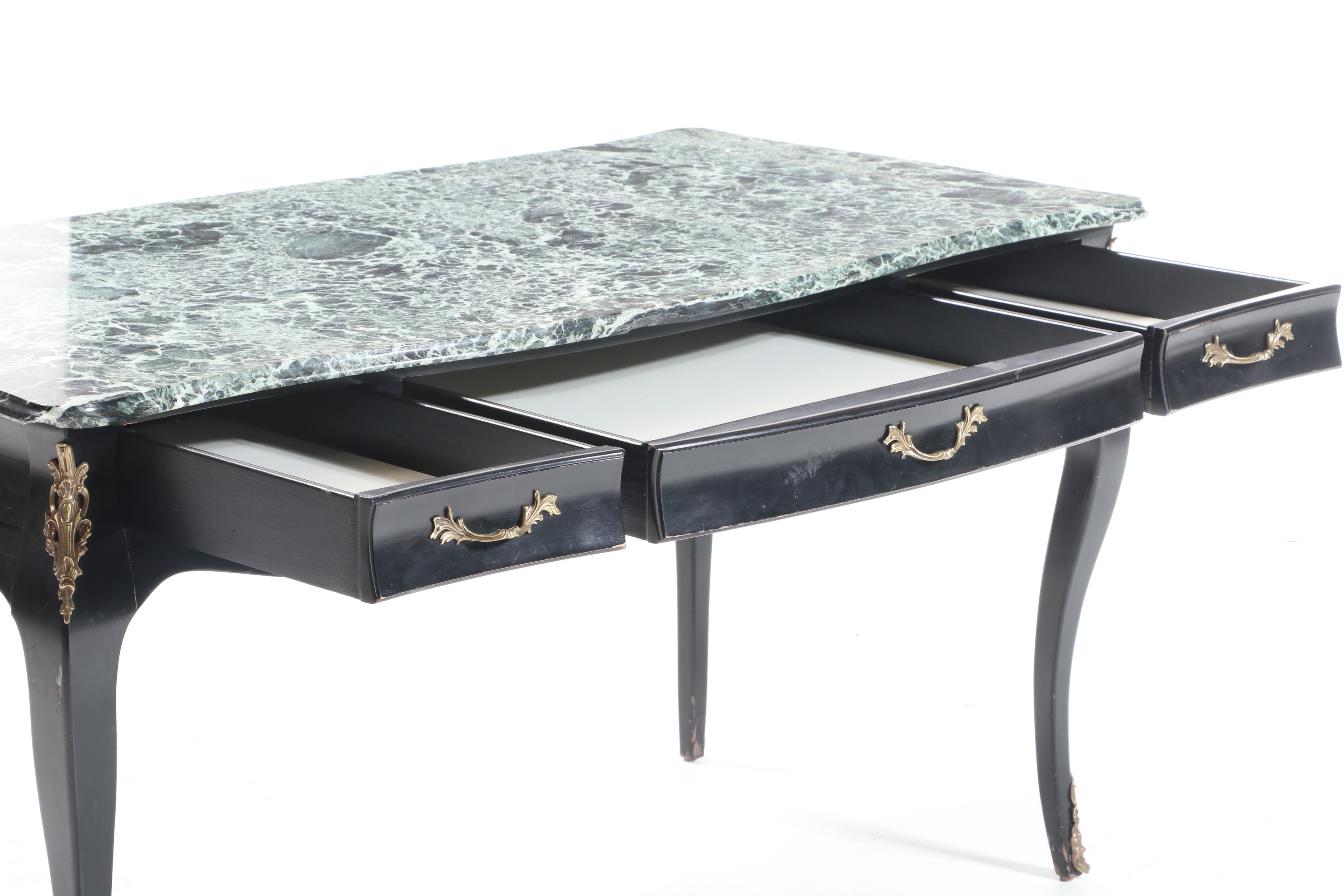 Gilt-Metal Mounted, Ebonized Wood and Green Marble Top Bureau Plat
