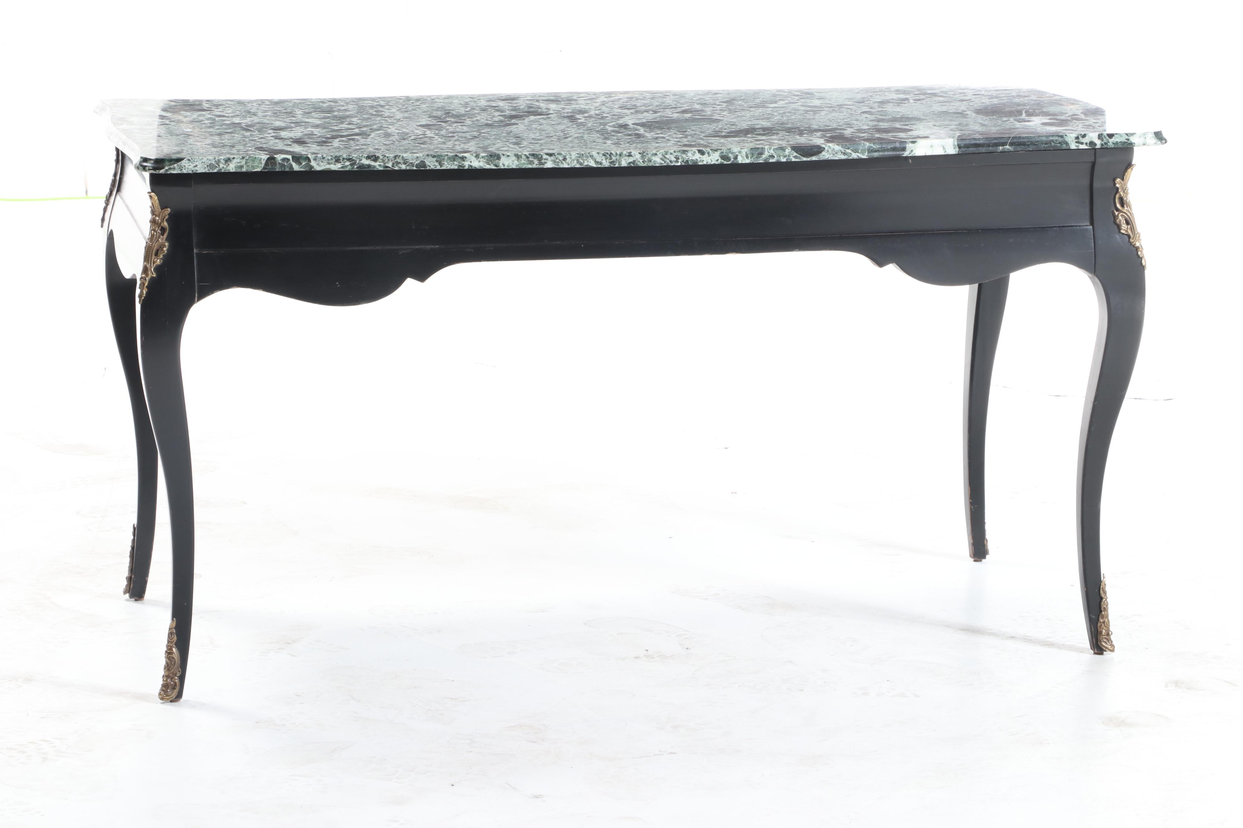 Gilt-Metal Mounted, Ebonized Wood and Green Marble Top Bureau Plat