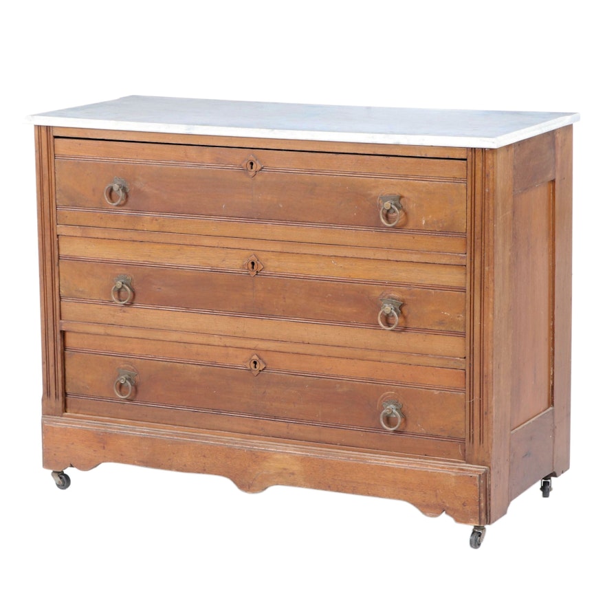 Victorian Eastlake Walnut and Marble Top Chest of Drawers, Late 19th Century