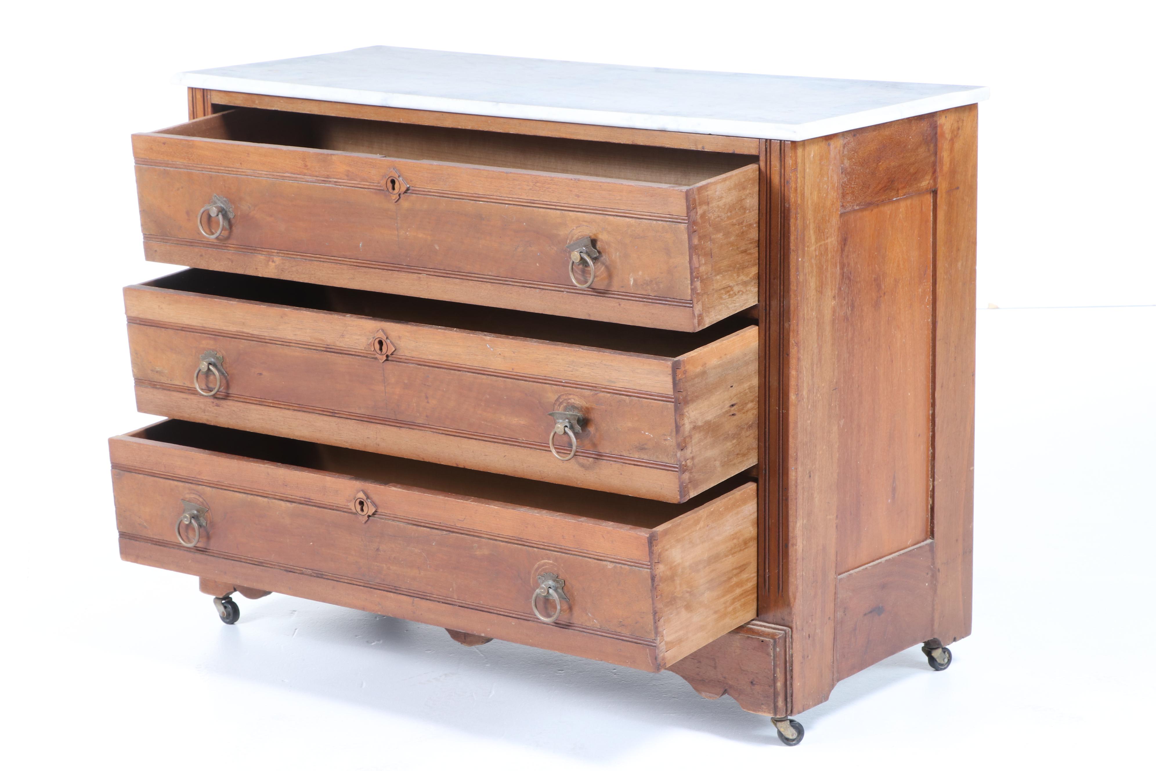 Victorian Eastlake Walnut and Marble Top Chest of Drawers, Late 19th Century