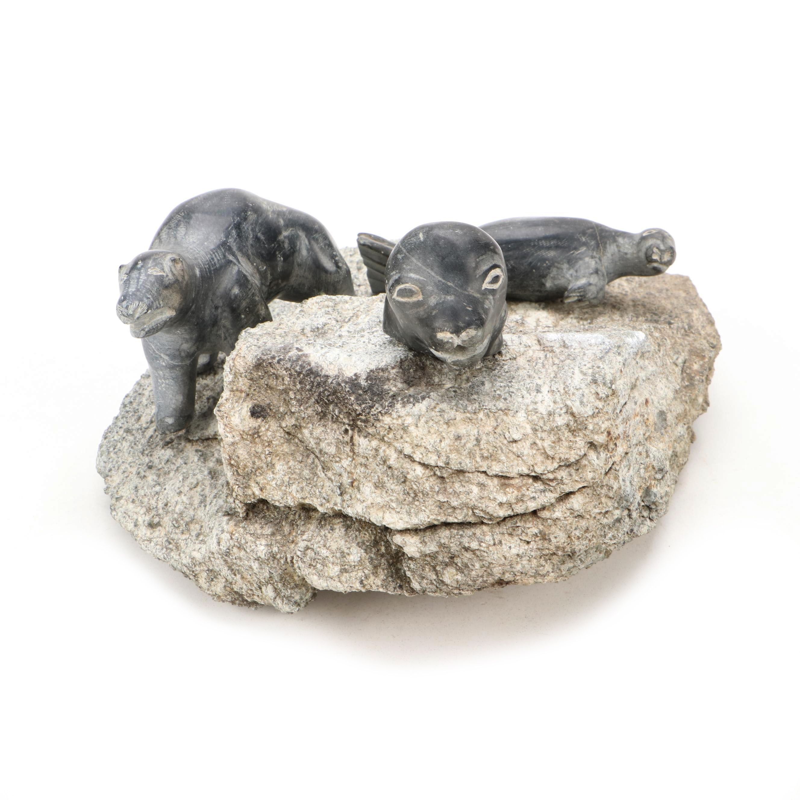 Native Alaskan Style Carved Soapstone Seal and Polar Bear on Stone Base