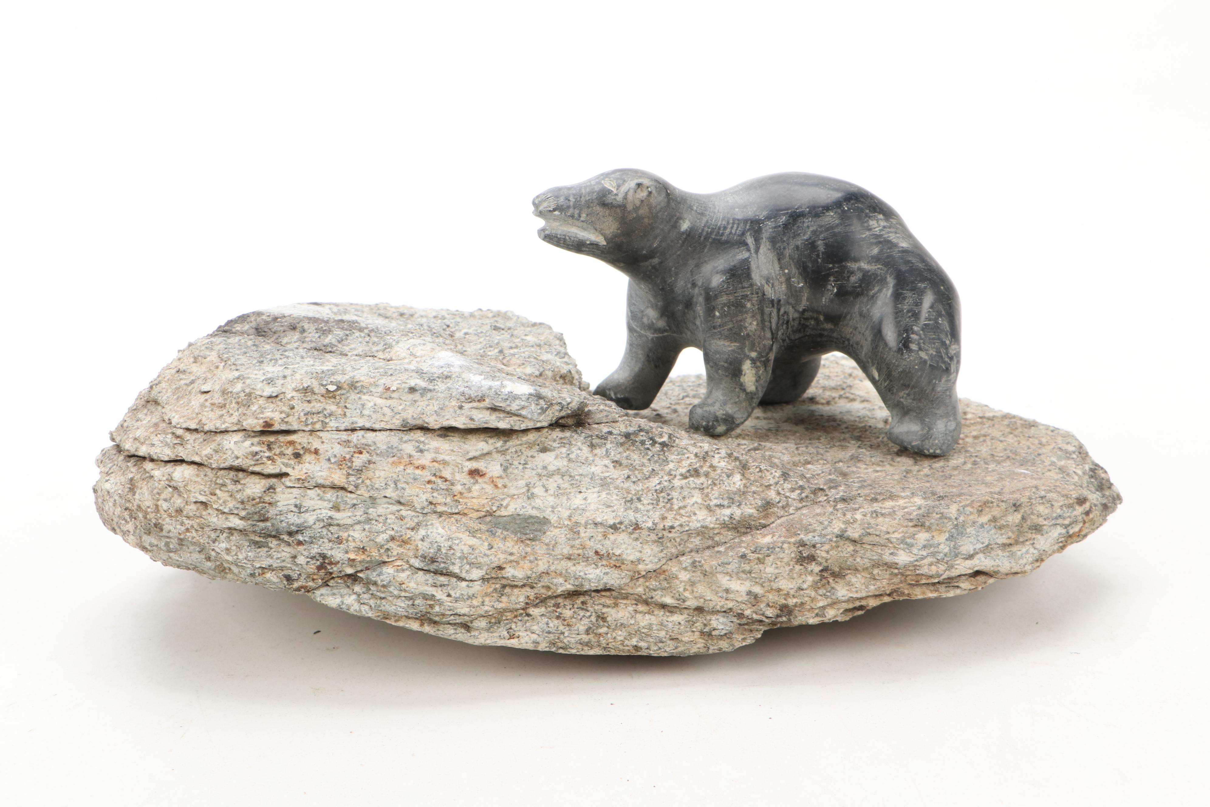 Native Alaskan Style Carved Soapstone Seal and Polar Bear on Stone Base