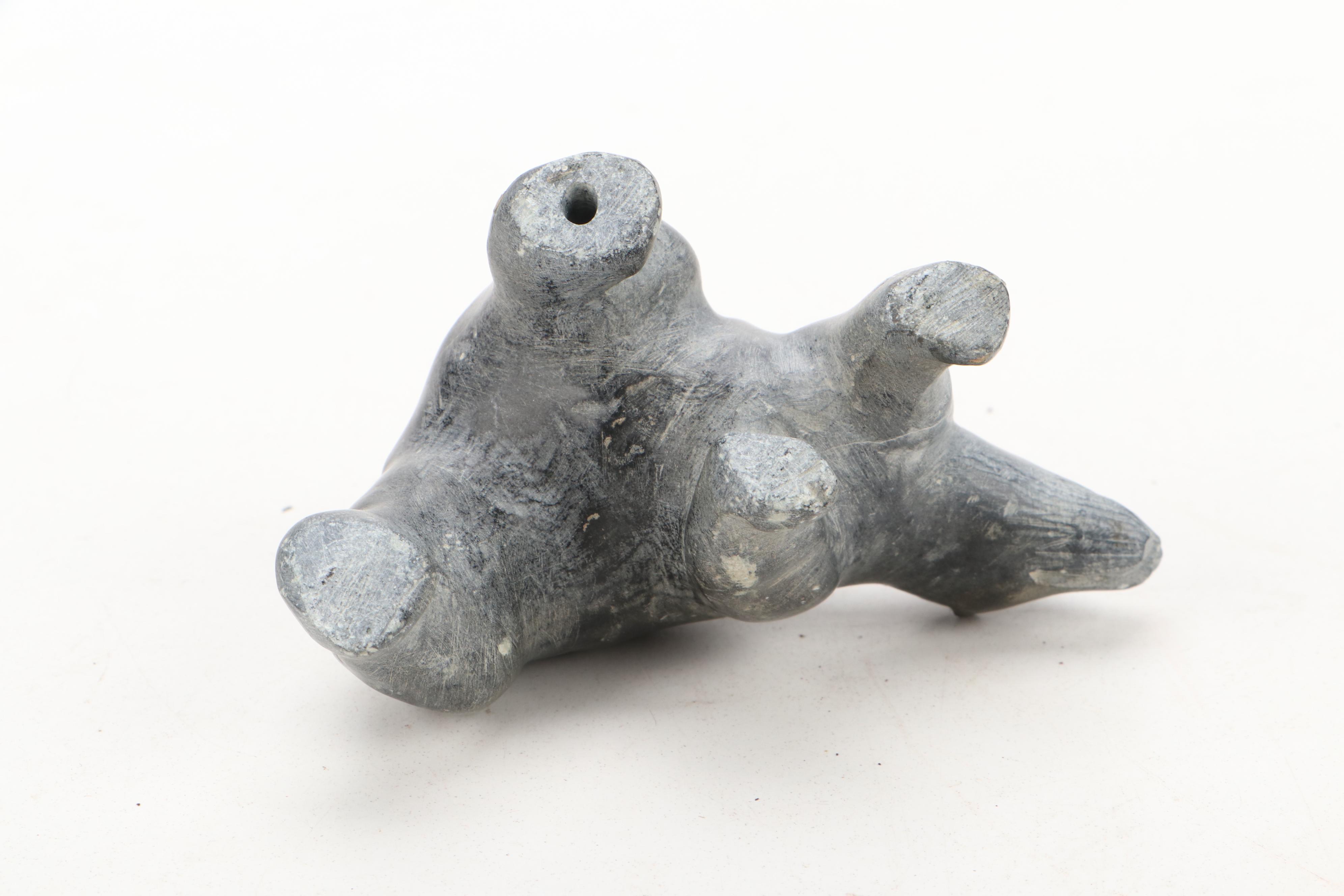 Native Alaskan Style Carved Soapstone Seal and Polar Bear on Stone Base