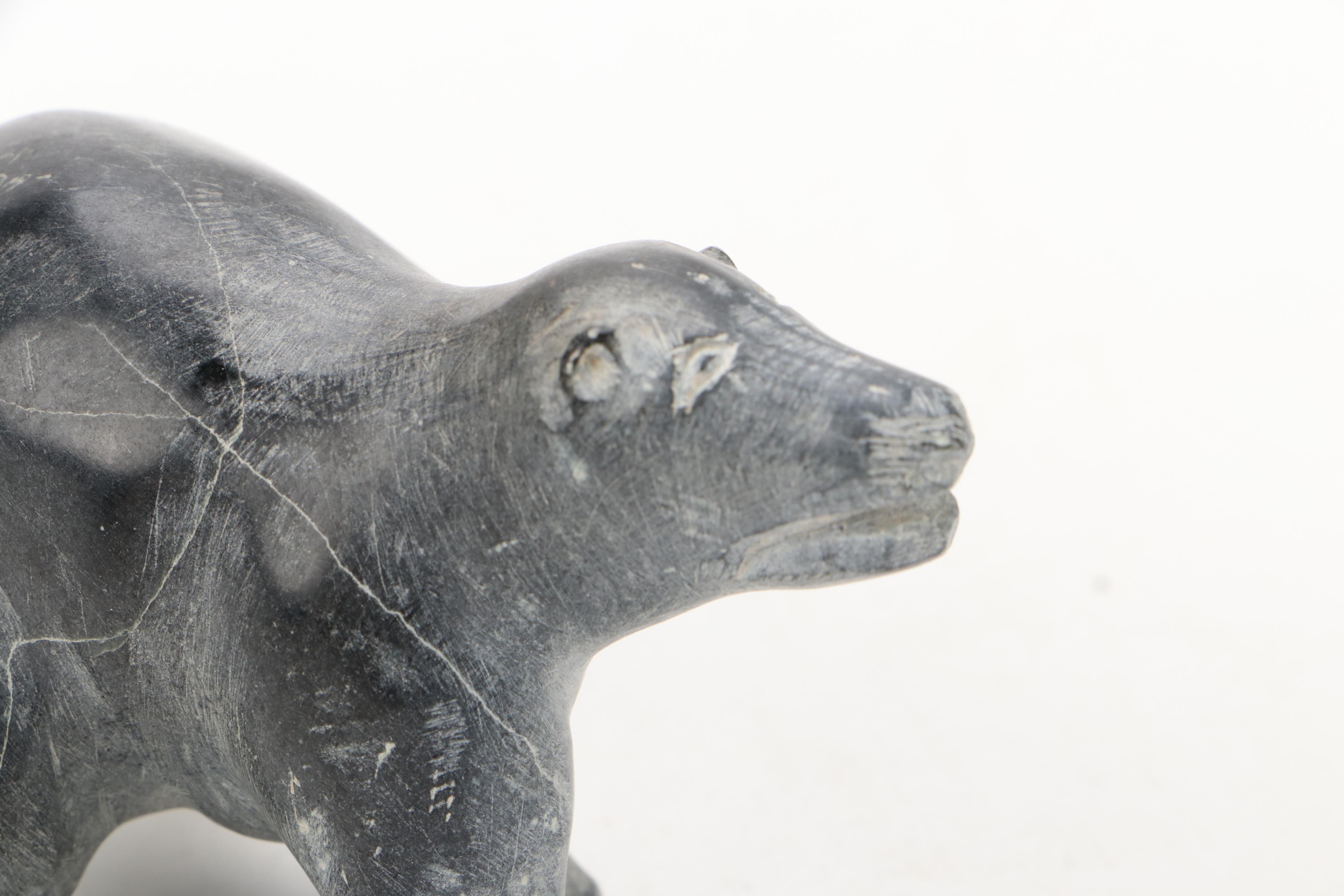 Native Alaskan Style Carved Soapstone Seal and Polar Bear on Stone Base