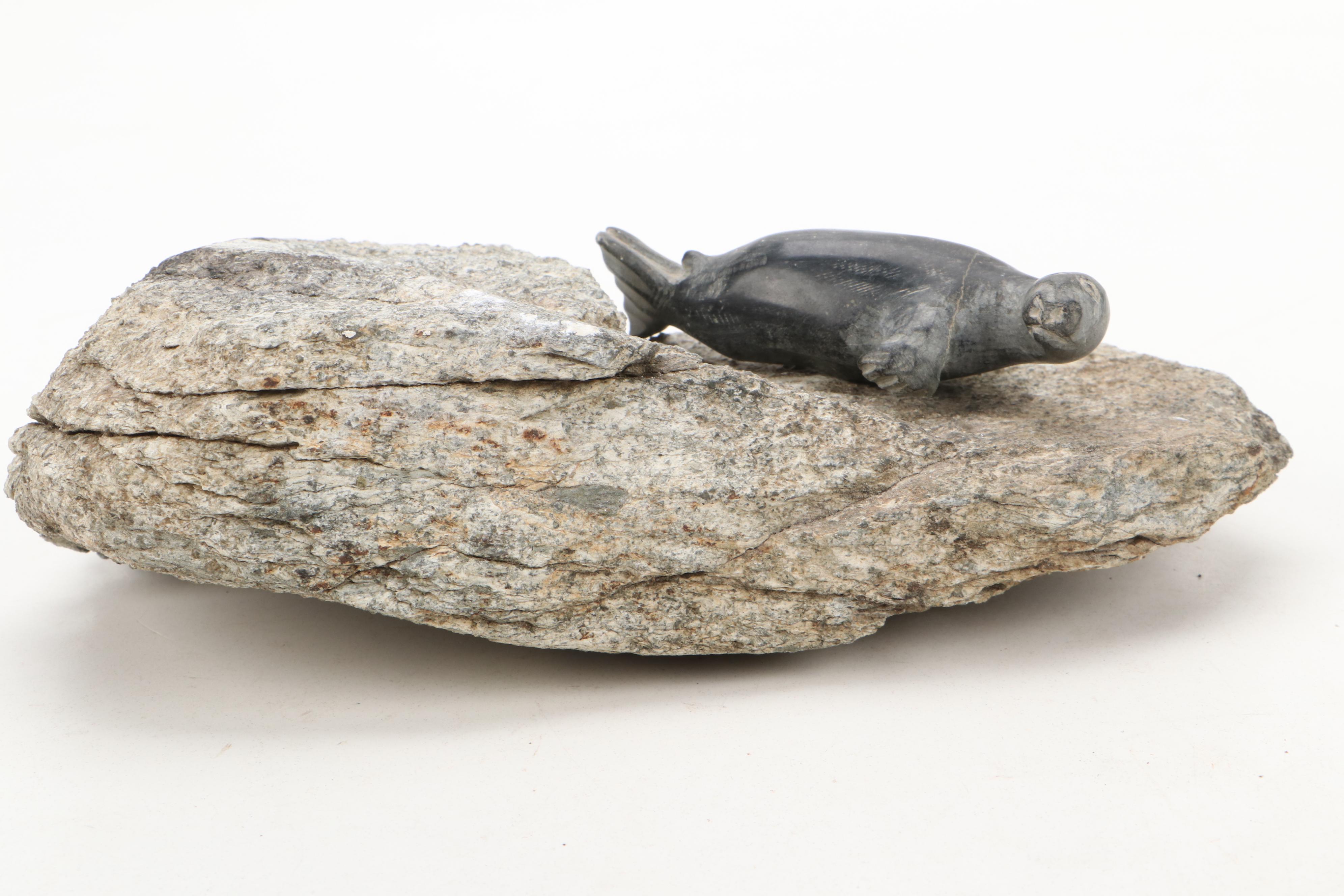 Native Alaskan Style Carved Soapstone Seal and Polar Bear on Stone Base