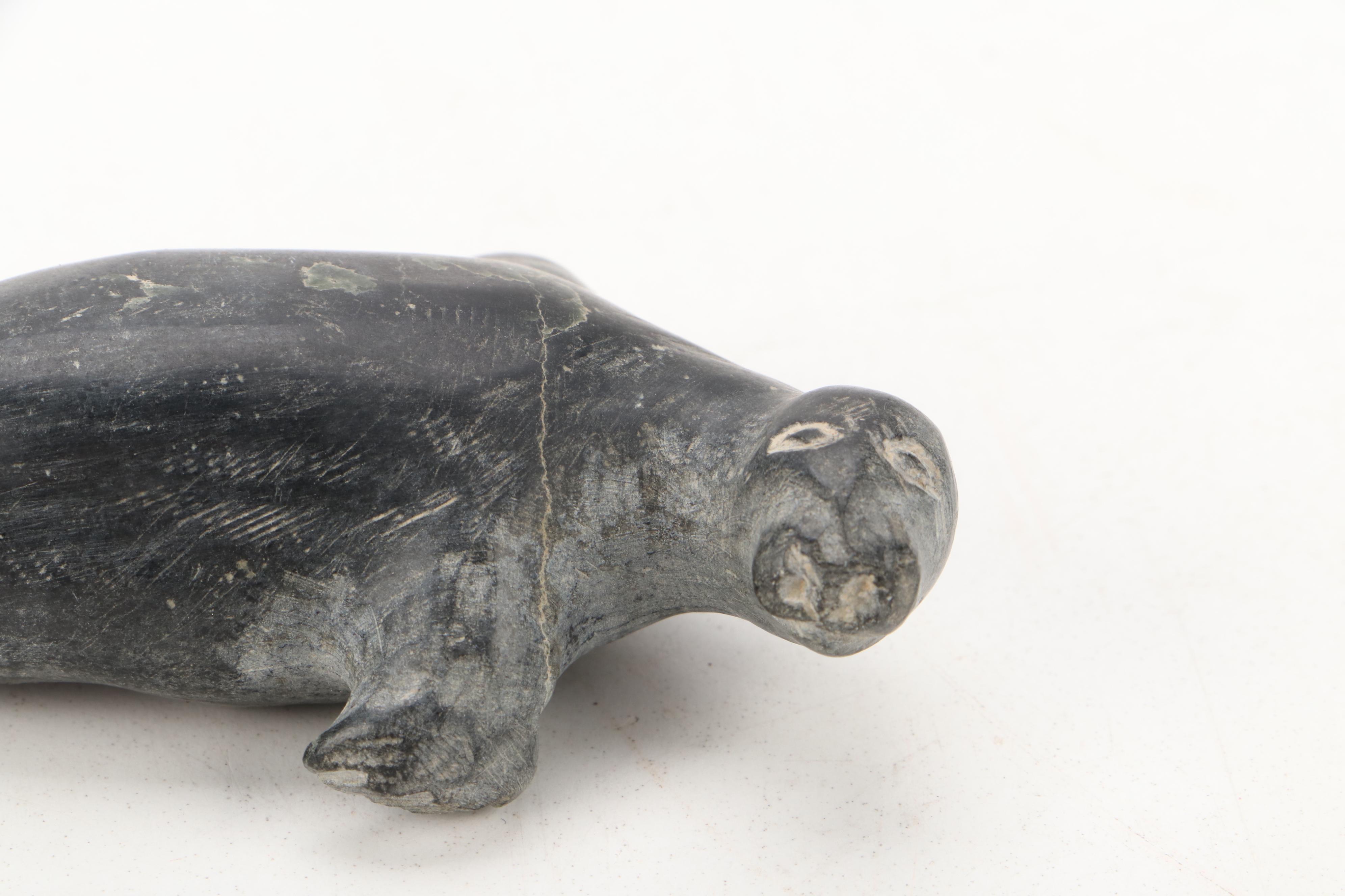 Native Alaskan Style Carved Soapstone Seal and Polar Bear on Stone Base