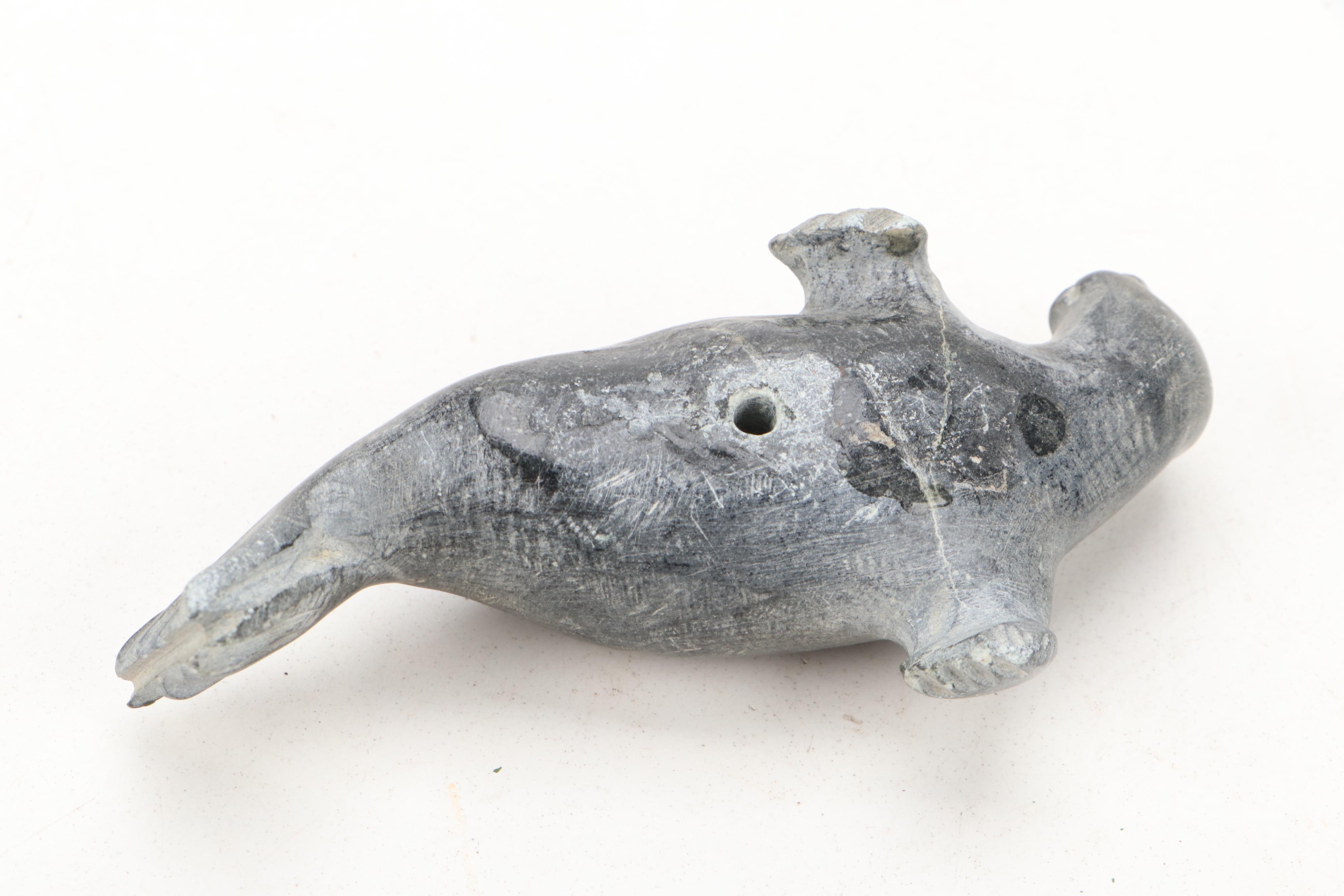 Native Alaskan Style Carved Soapstone Seal and Polar Bear on Stone Base