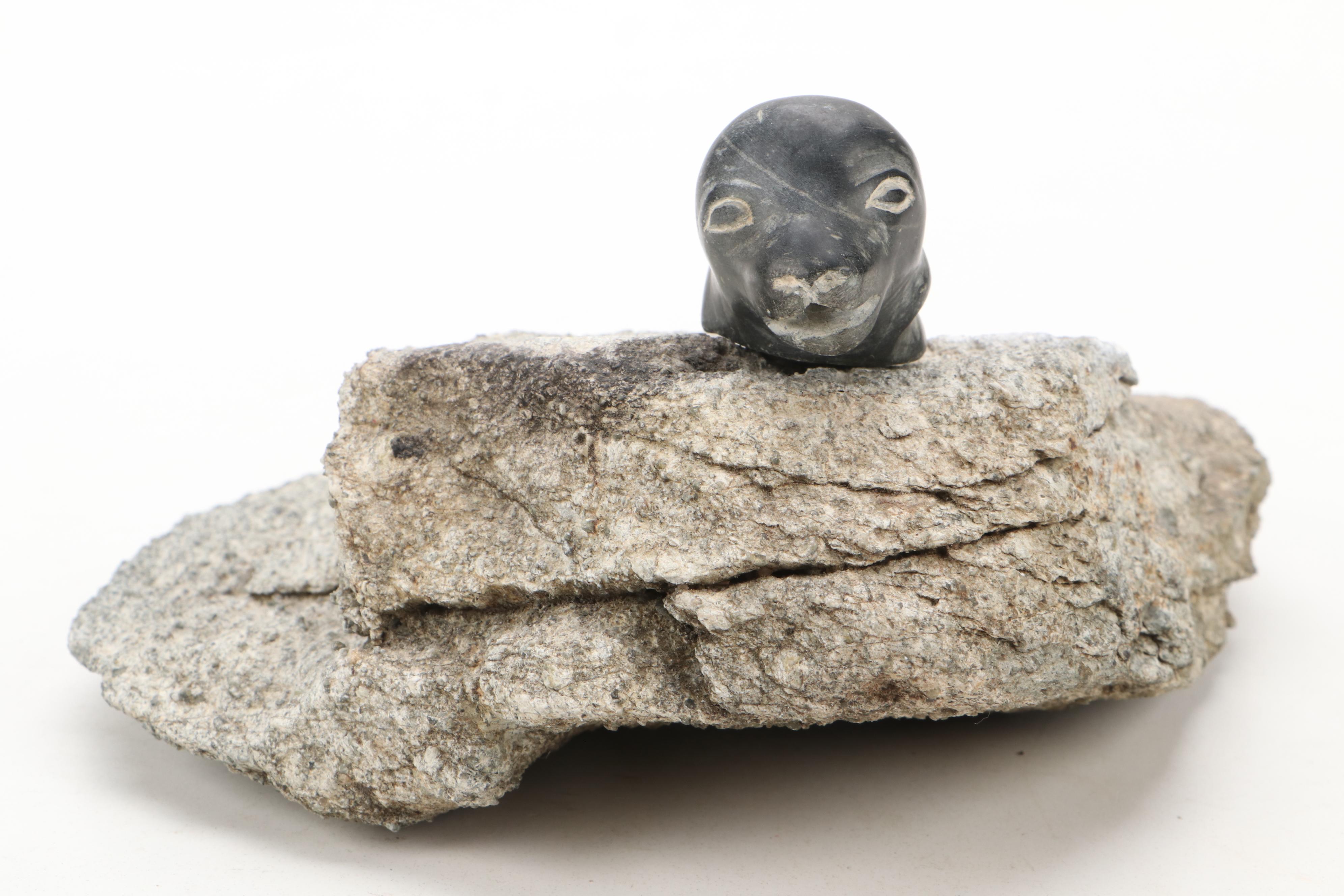 Native Alaskan Style Carved Soapstone Seal and Polar Bear on Stone Base