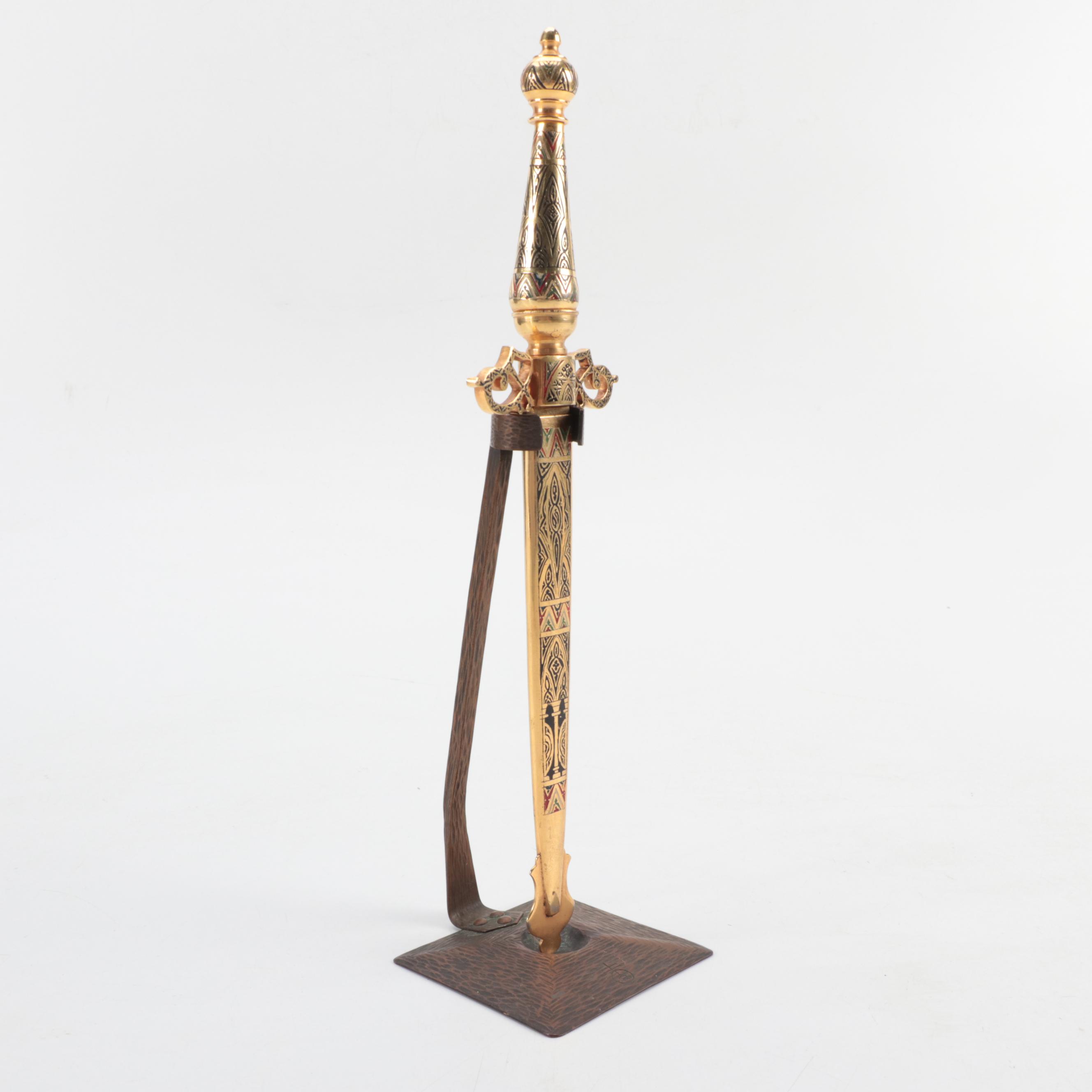 Roycroft Arts & Crafts Copper Vase Stand with Enameled Dagger