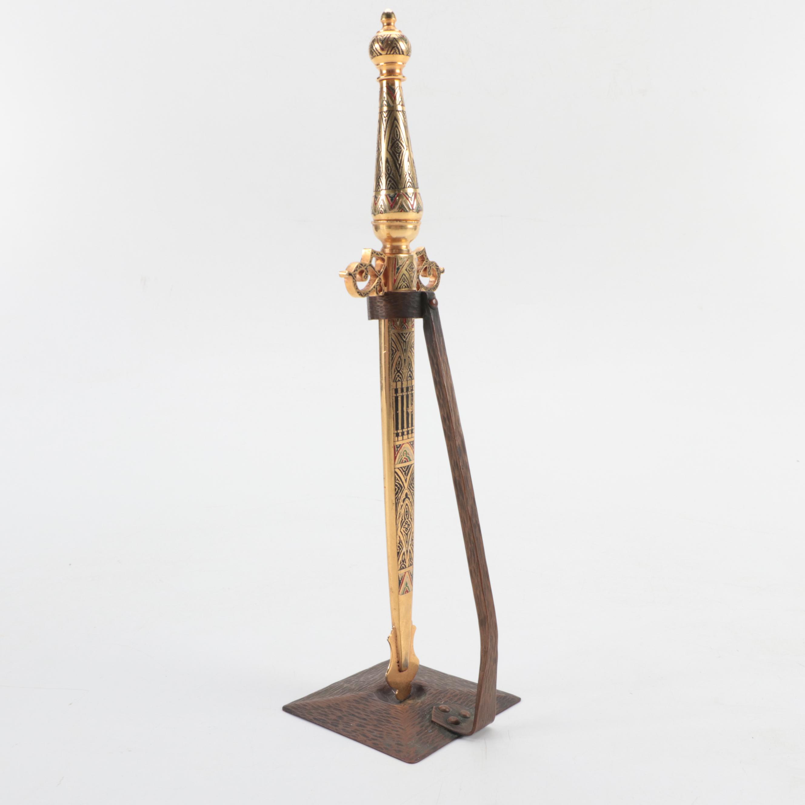 Roycroft Arts & Crafts Copper Vase Stand with Enameled Dagger