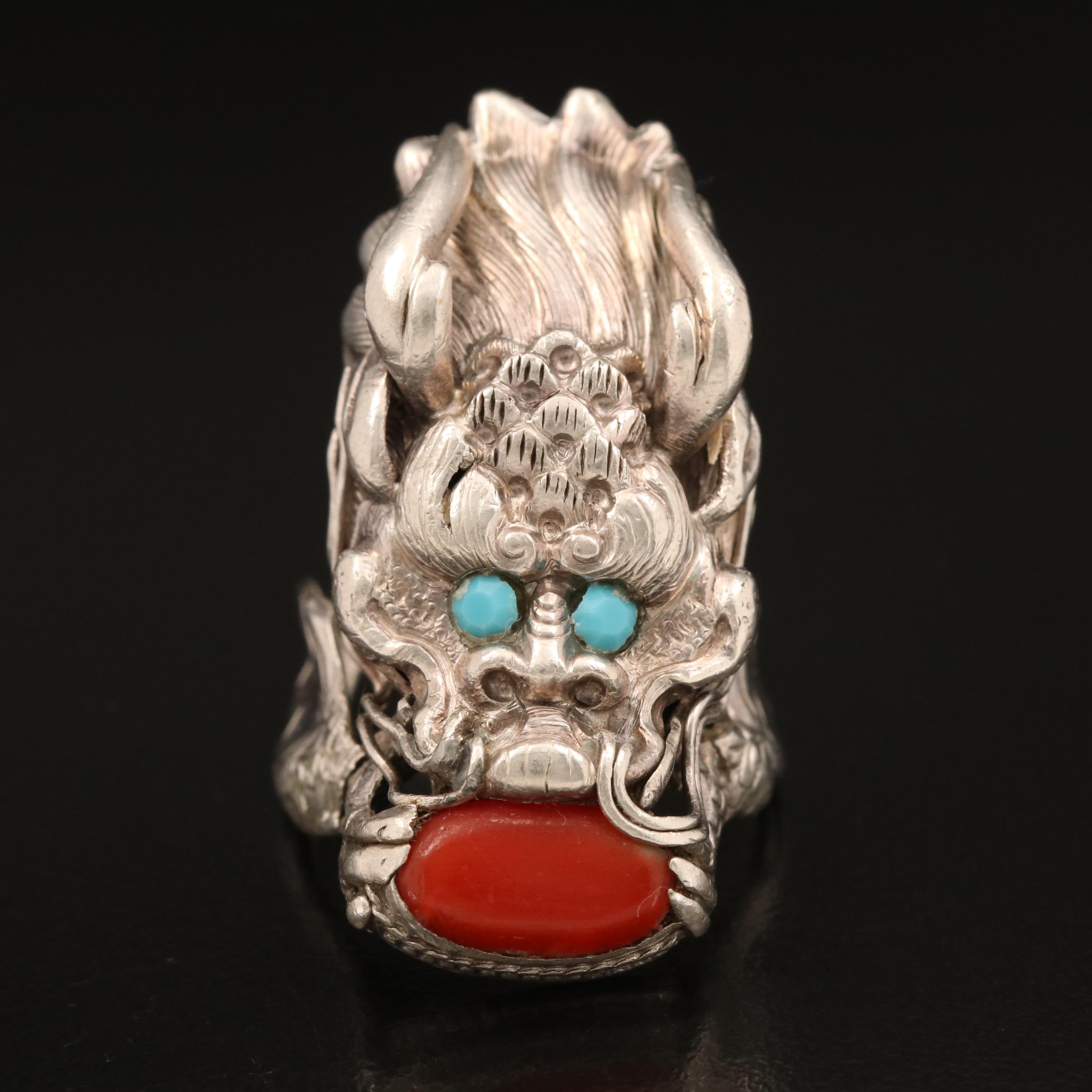 Vintage Coral and Faux Turquoise Tibetan Dragon Ring