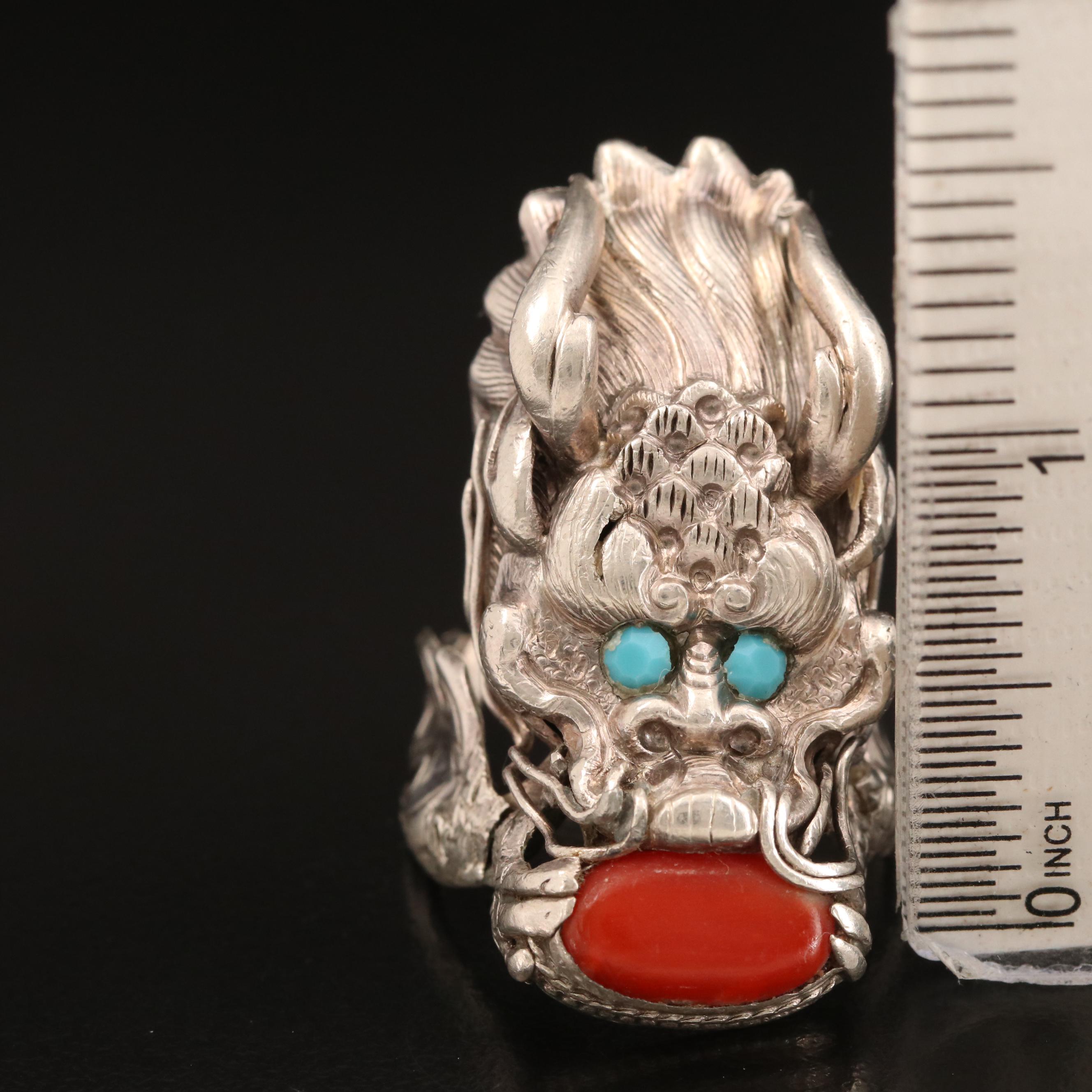 Vintage Coral and Faux Turquoise Tibetan Dragon Ring