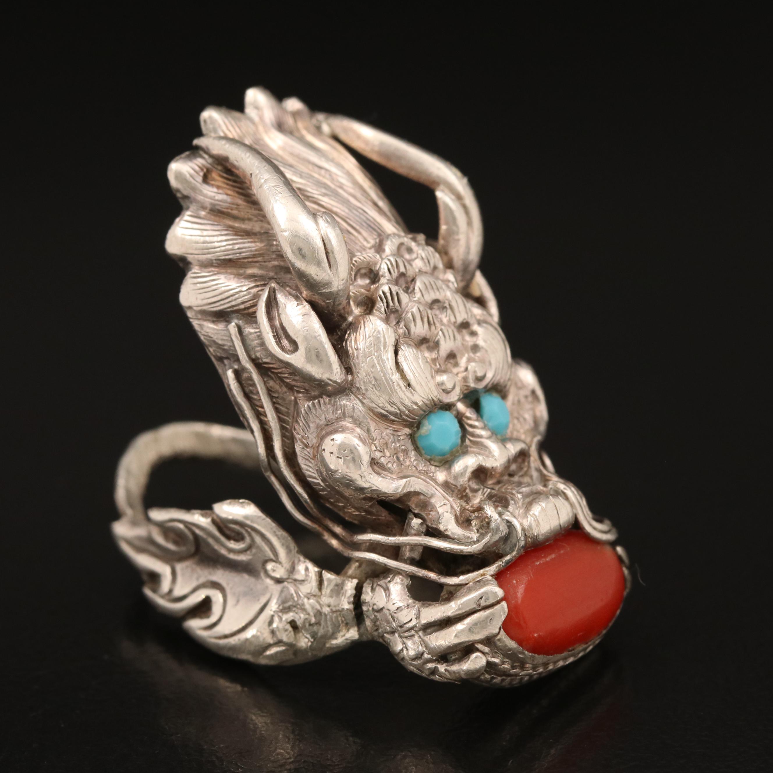 Vintage Coral and Faux Turquoise Tibetan Dragon Ring