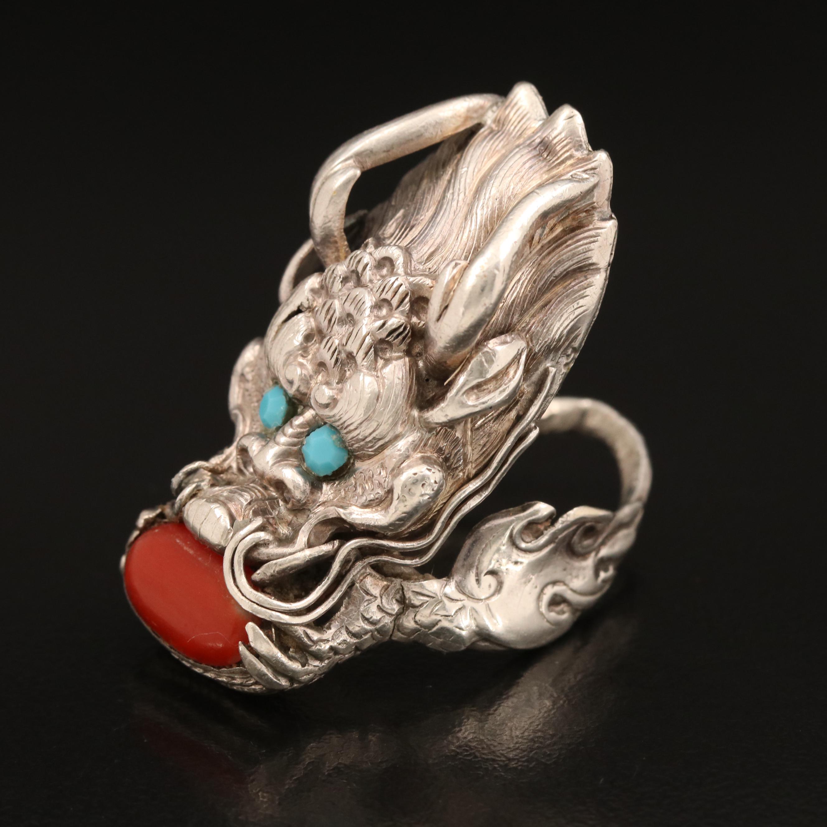 Vintage Coral and Faux Turquoise Tibetan Dragon Ring