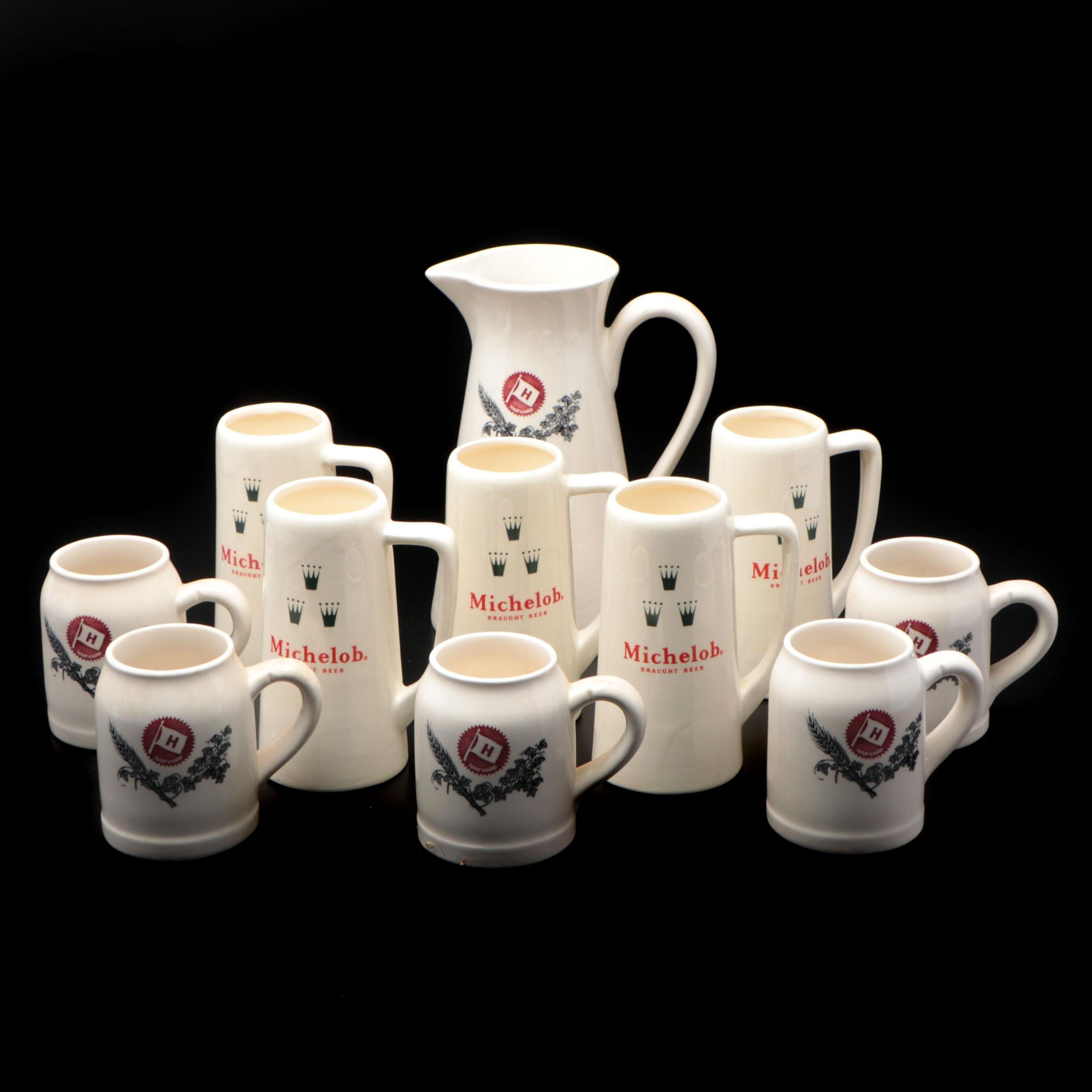 Luxor Ivory "Xmas 1938" Harvard Pitcher and Mug Set with Michelob Steins