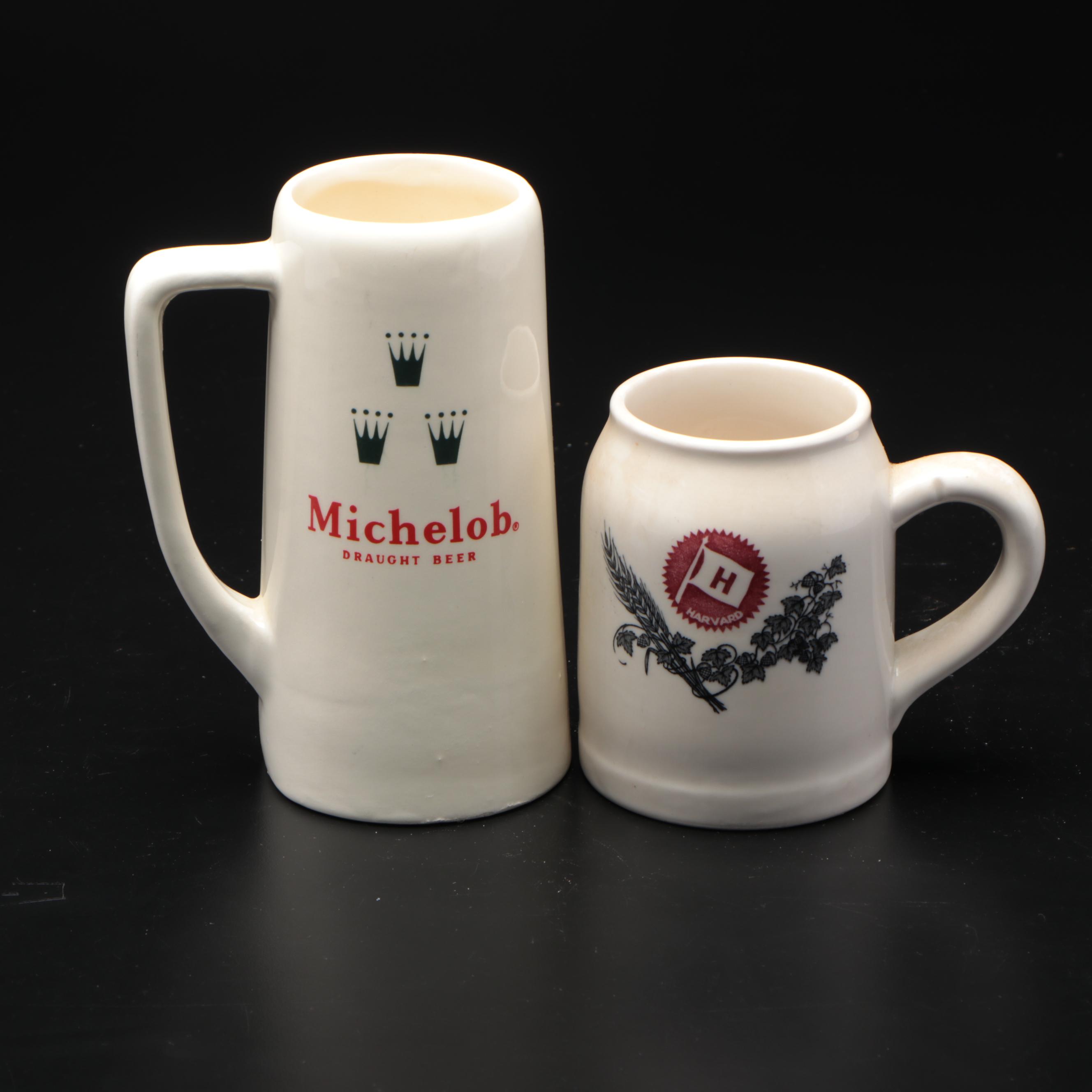 Luxor Ivory "Xmas 1938" Harvard Pitcher and Mug Set with Michelob Steins