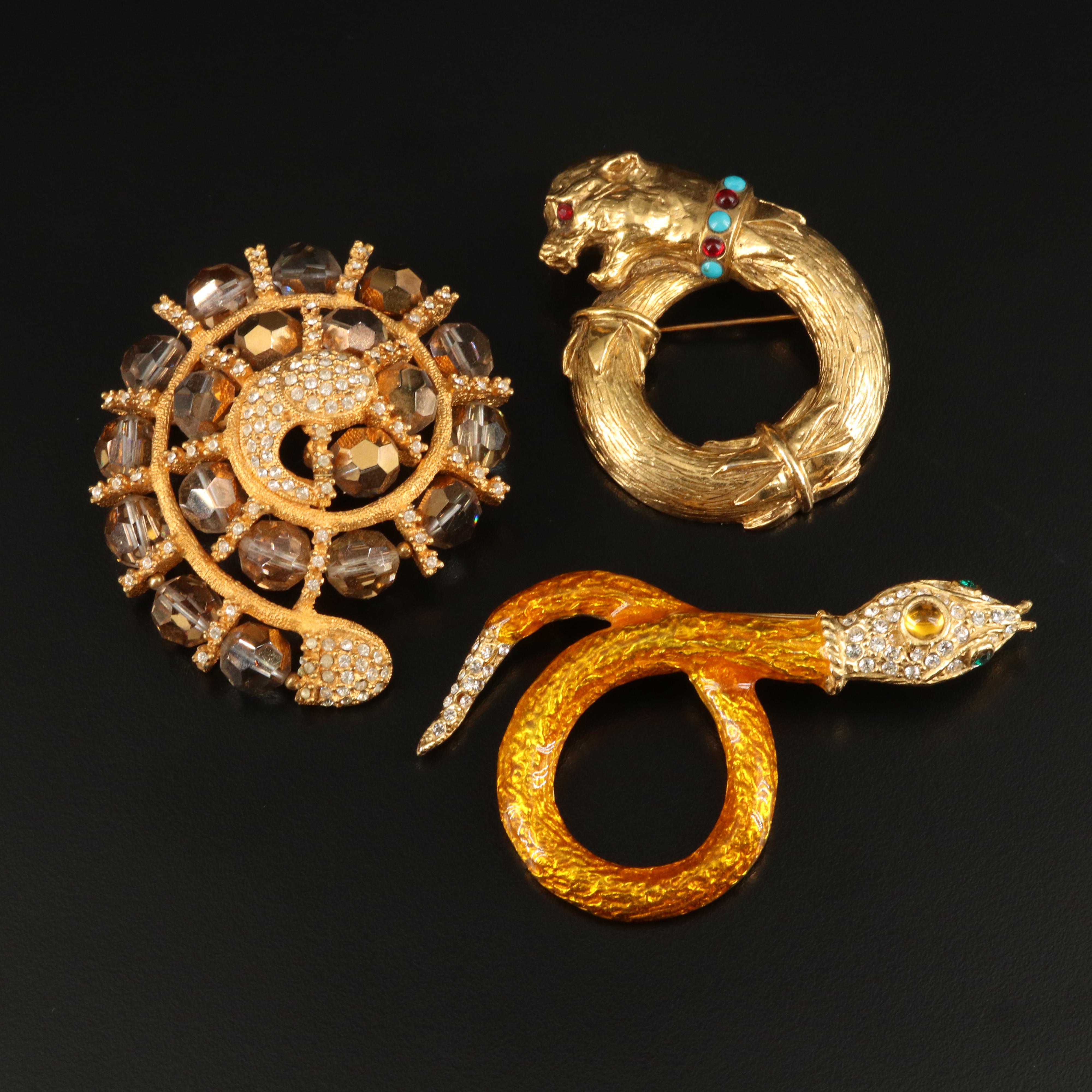 Vintage De Nicola, Richelieu and Rhinestone Snake Brooches