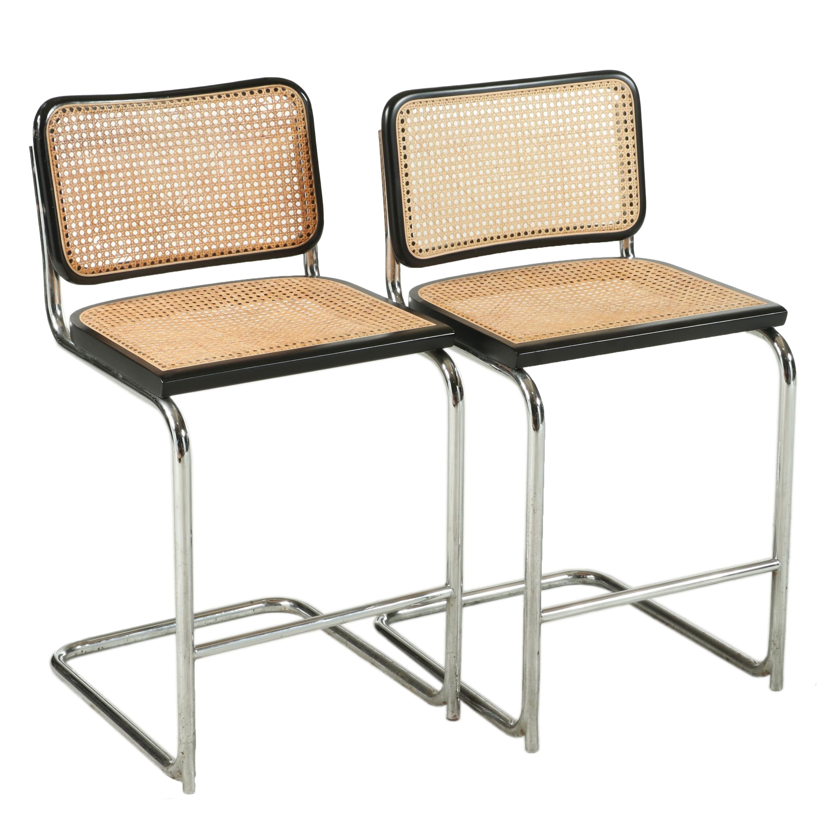 Marcel Breuer "Cesca" Chrome and Cane Paneled Cantilever Barstools