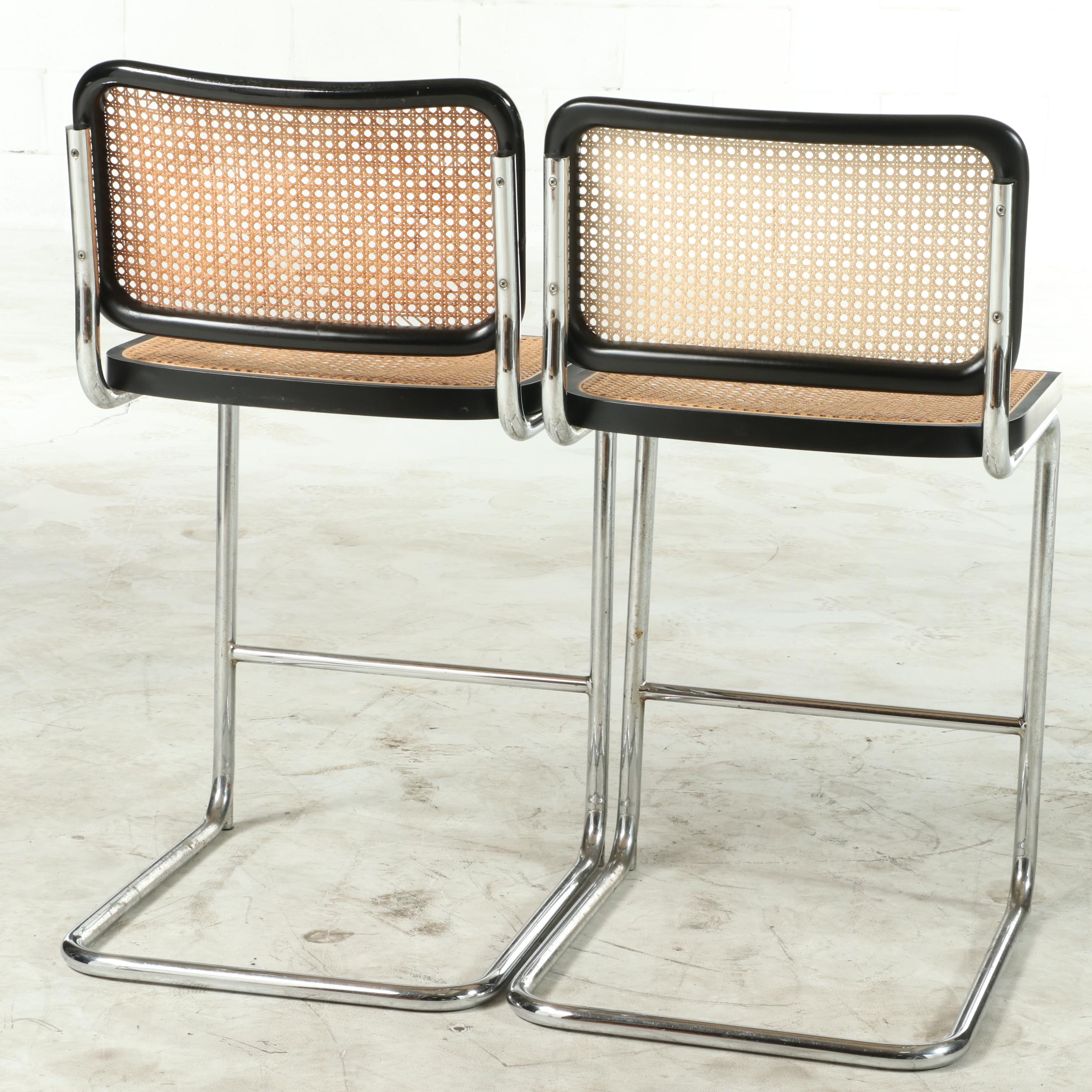 Marcel Breuer "Cesca" Chrome and Cane Paneled Cantilever Barstools